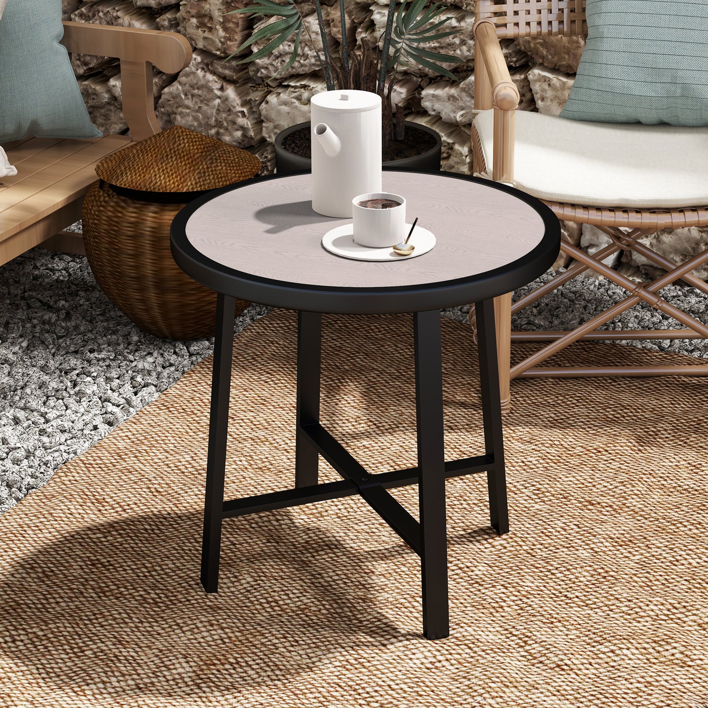 Outsunny Round Garden Table 50.5cm With SPC Tabletop Powder Coated Metal Frame Grey Wood Effect Anti Slip Feet