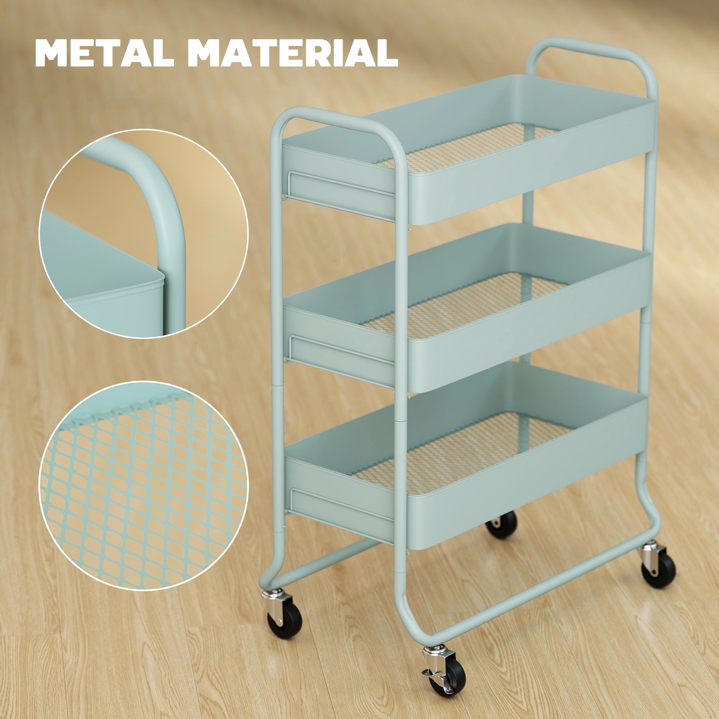HOMCOM 3 Tier Storage Trolley On Wheels Rolling Utility Cart With Mesh Baskets For Kitchen Bathroom Bedroom Light Green