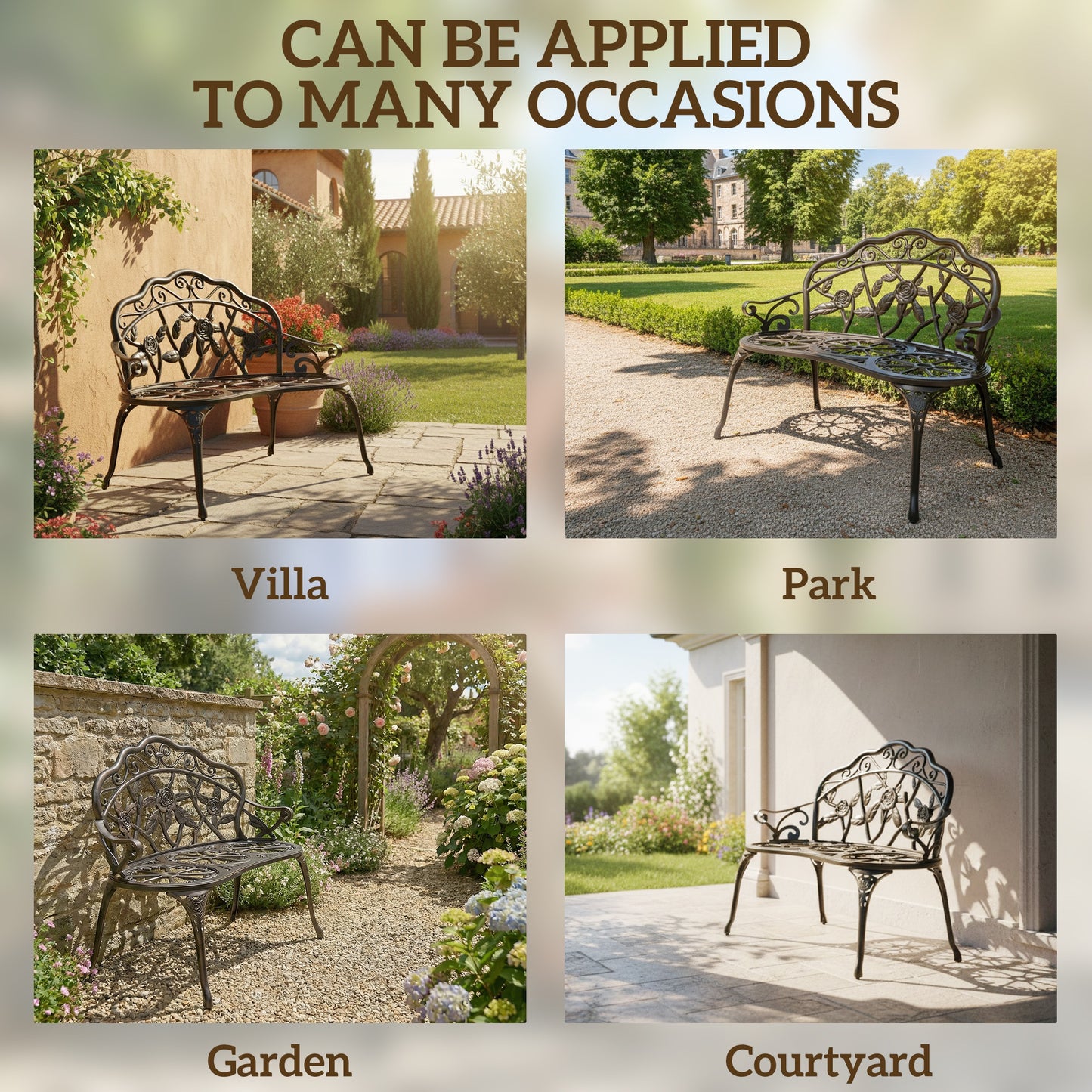 Outsunny Cast Aluminium Garden Bench In Bronze Tone With Classic Rose Pattern And Curved Front For Lasting Comfort