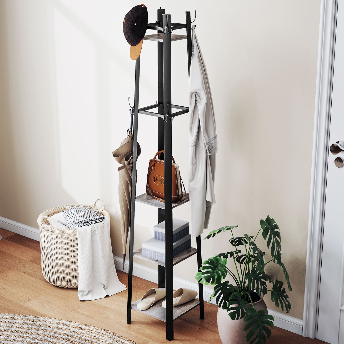 HOMCOM Industrial-Style Four-Shelf Coat Stand With Eight Triple-Prong Hooks In Grey And Black