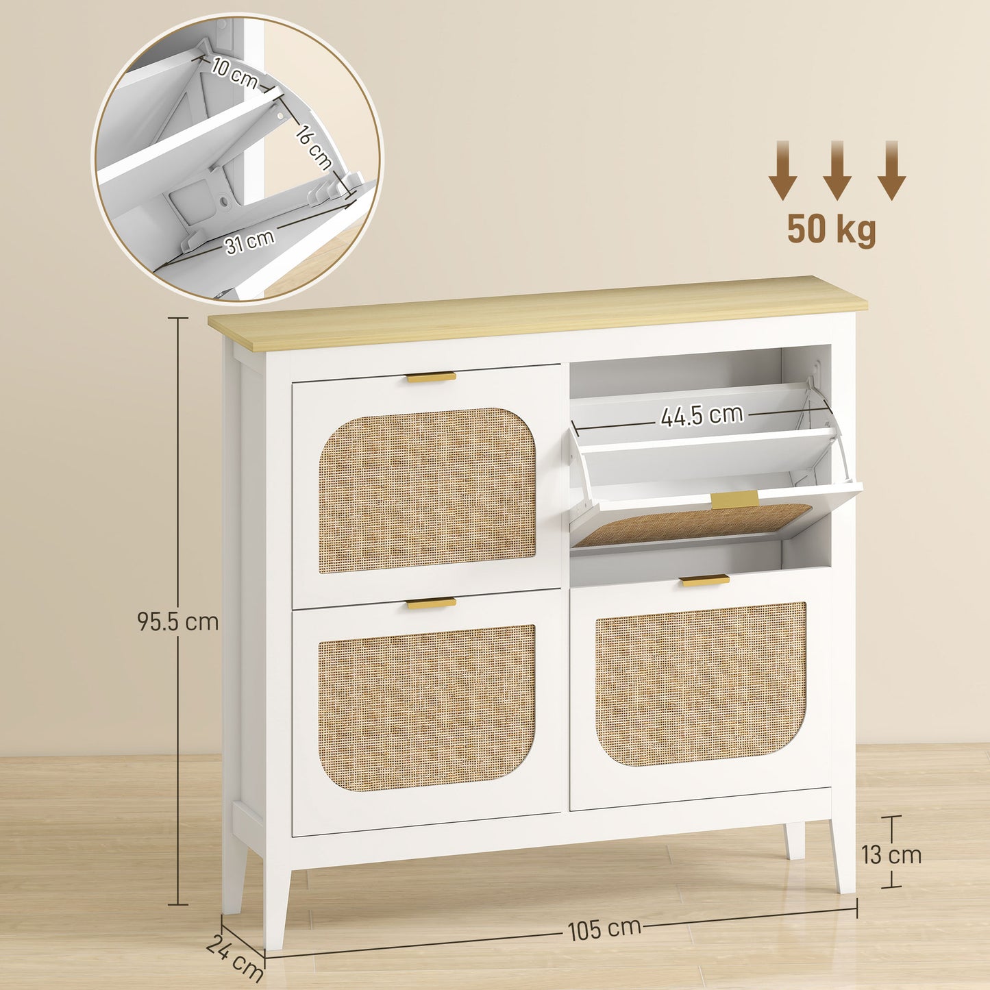 HOMCOM Narrow Boho Rattan Shoe Cabinet With 4 Flip Drawers Holds 20 Pairs White Entryway Storage