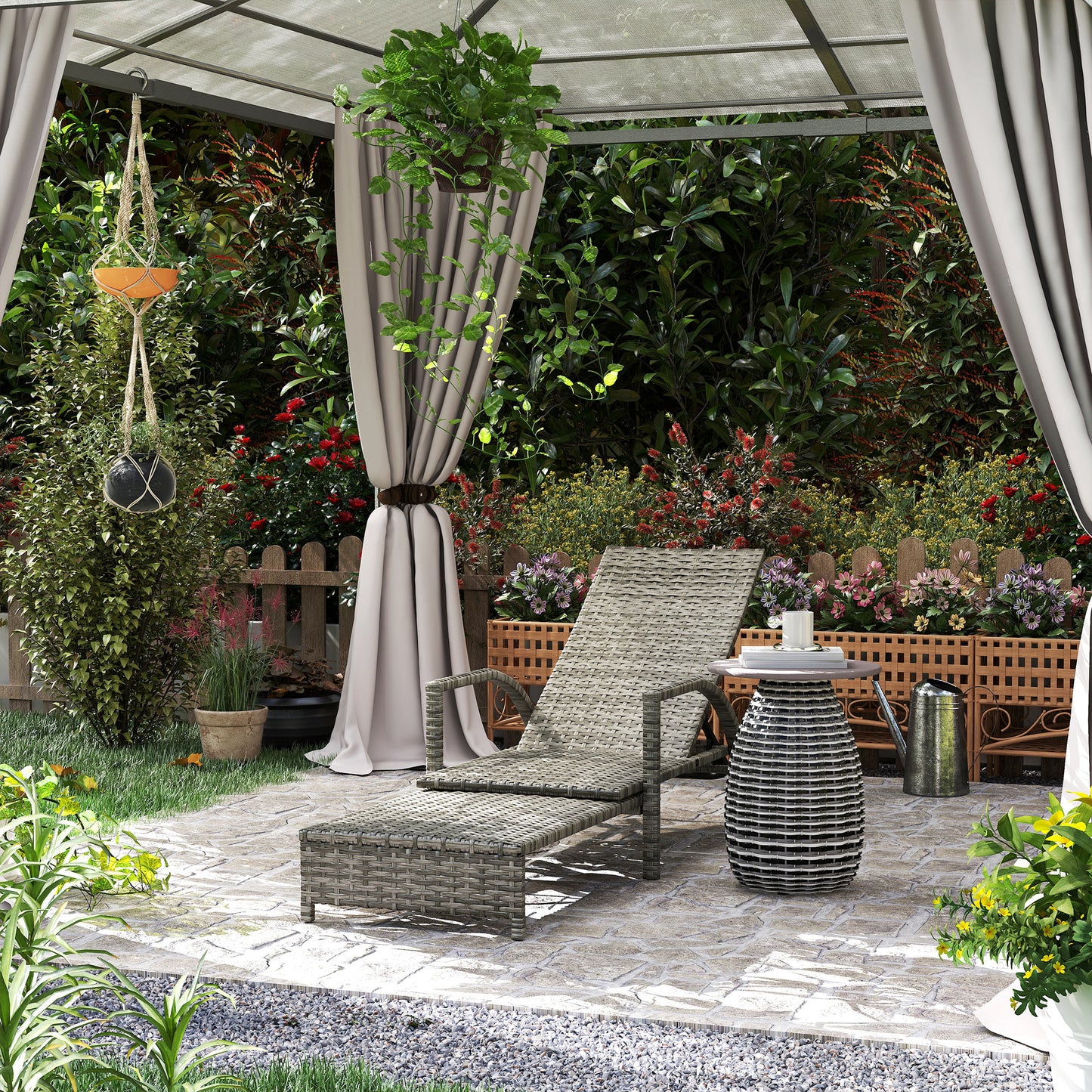 Outsunny Grey Reclining Rattan Lounger With Extending Footrest And Adjustable Back In Four Positions