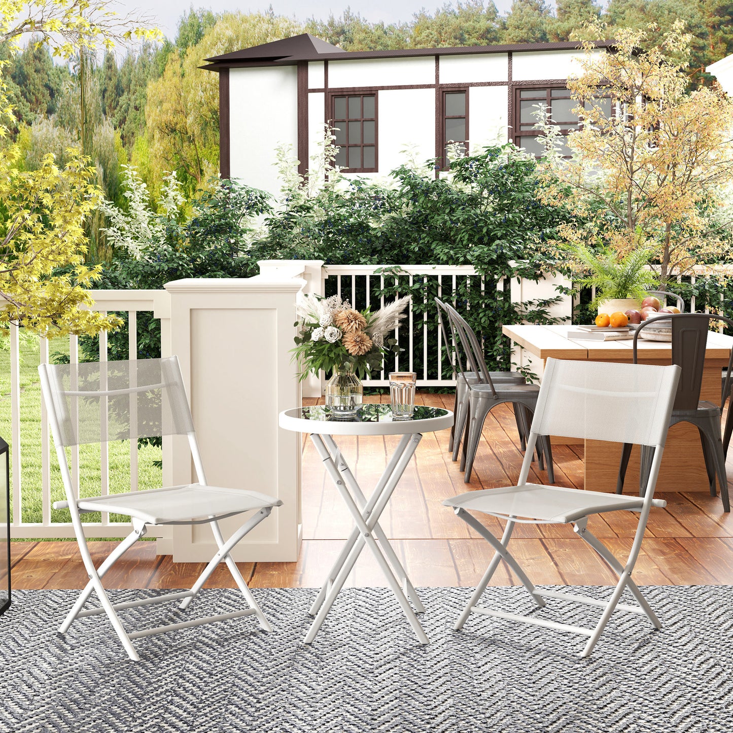 Outsunny 3 Piece Outdoor Bistro Set With Glass Top Outdoor Table And 2 Folding Chairs With Protecting Feet White