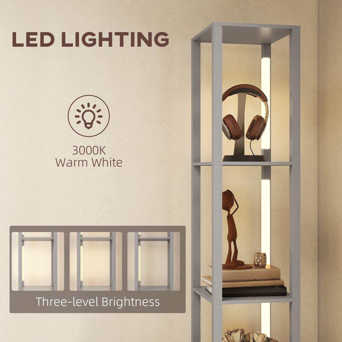 HOMCOM 3 In 1 Floor Lamp With Shelves And Fabric Drawer LED Column Modern Standing Lamp Adjustable Brightness Grey