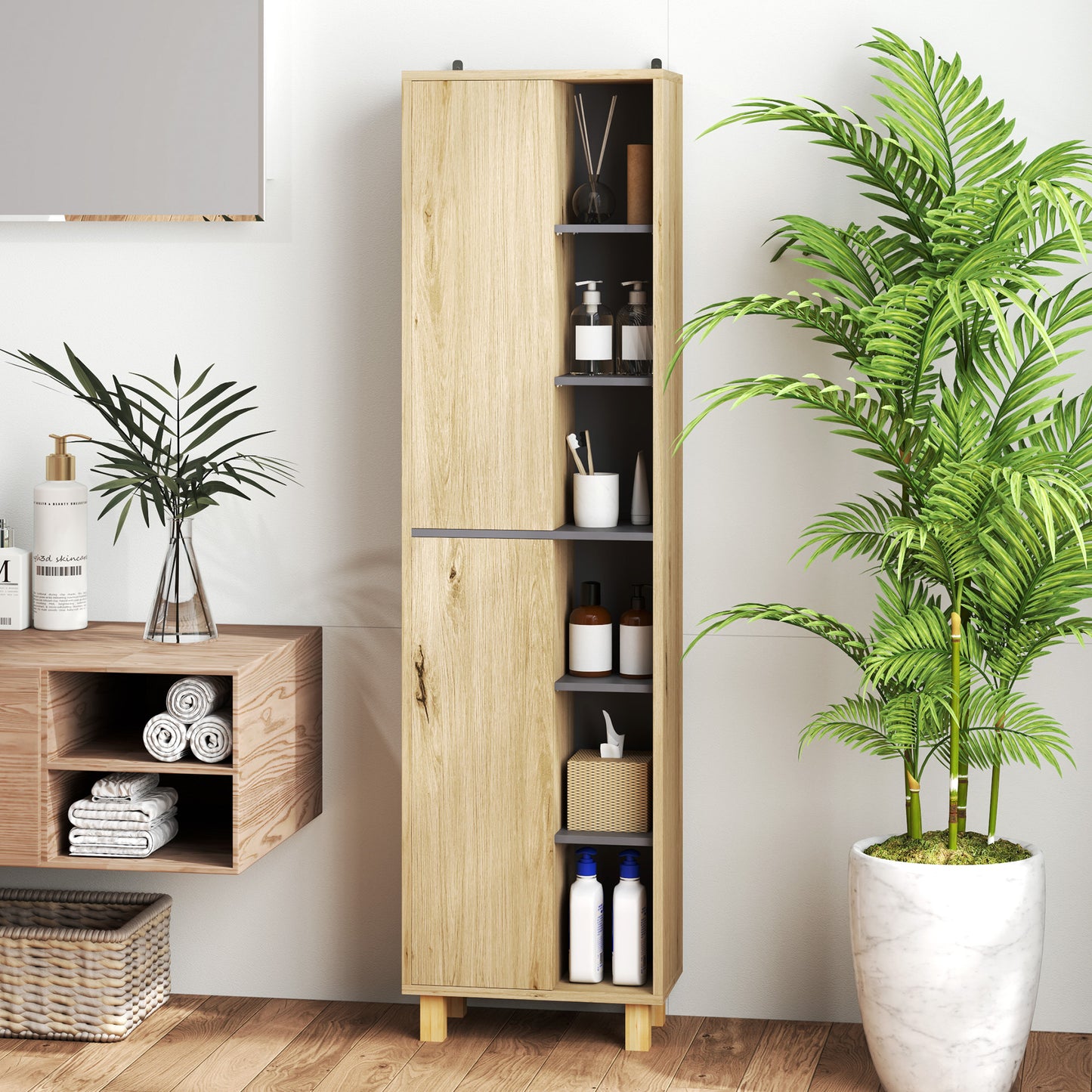 HOMCOM Slim Bathroom Cabinet With Wood Effect Finish 6 Open Shelves And 2 Three Layer Cabinets Anti Tip Straps