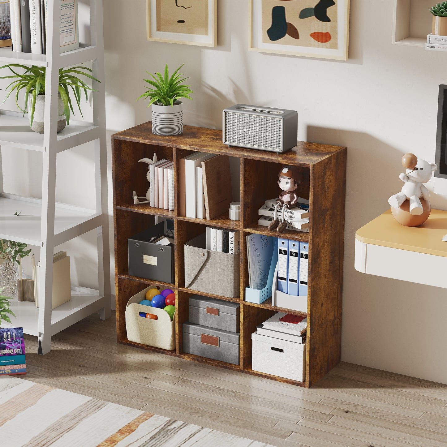 HOMCOM 3 Tier 9 Cube Storage Unit Rustic Brown Particle Board Bookcase Organizer For Home Office Shelves