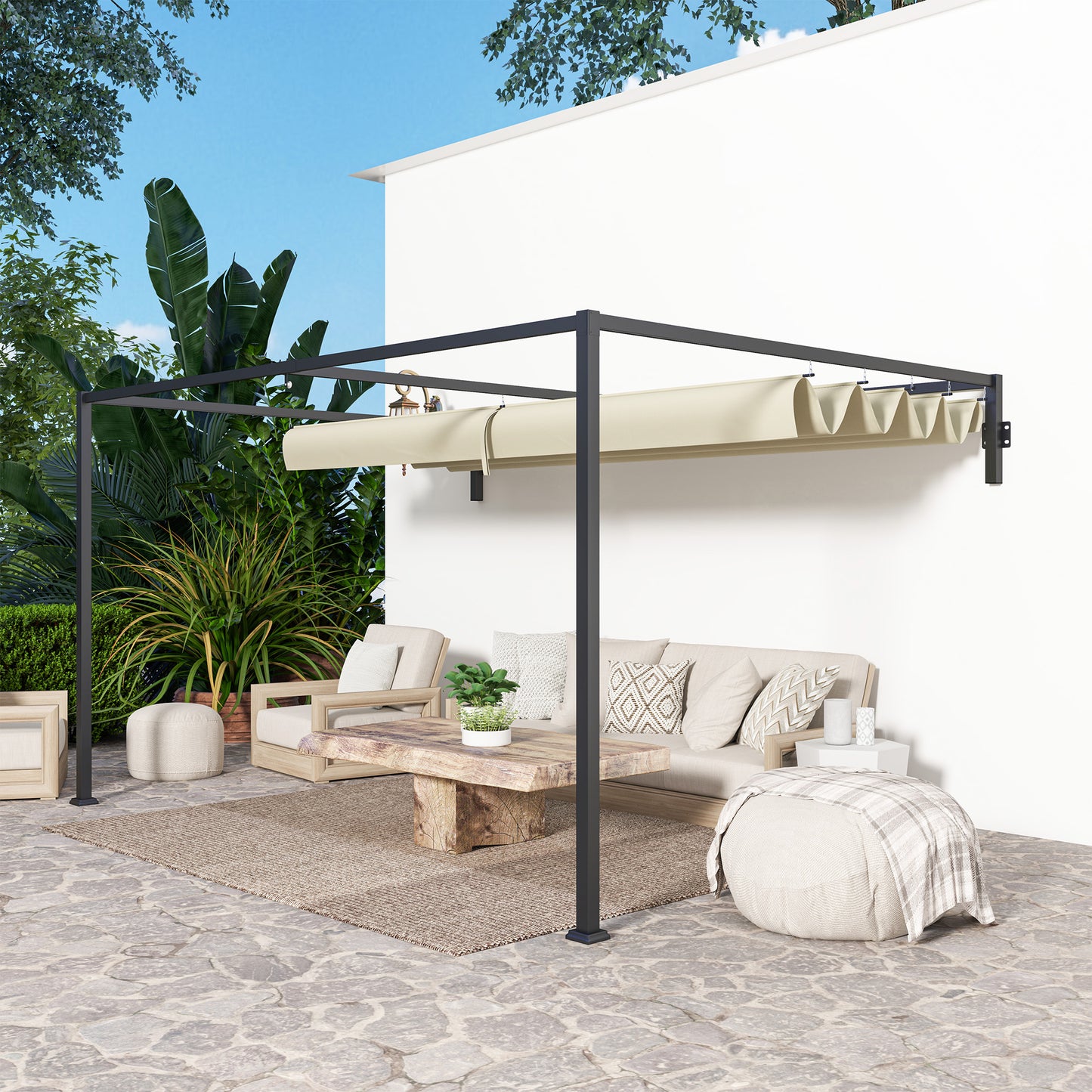 Outsunny 3x4m Steel Pergola With Retractable Canopy And Powder Coated Frame For Outdoor Khaki