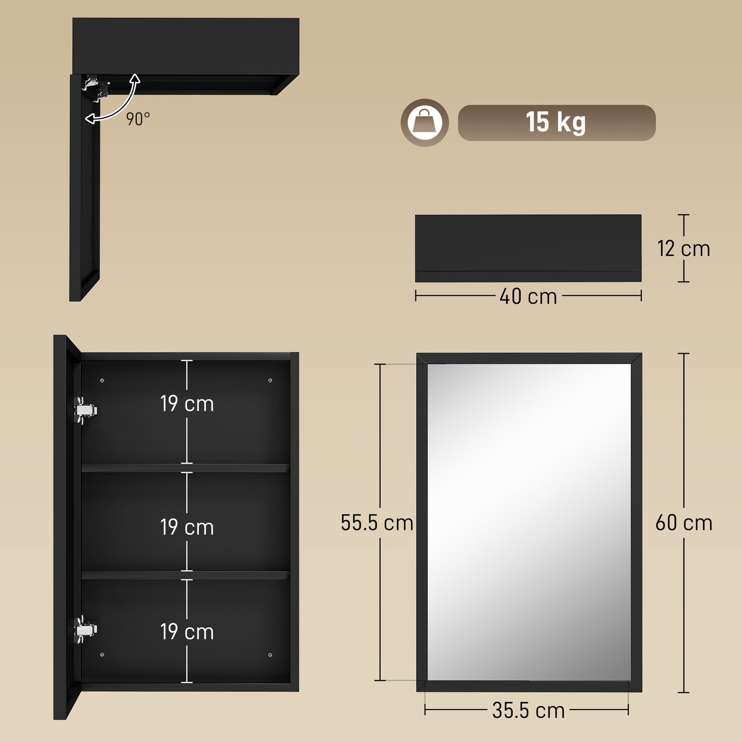Kleankin Wall Mounted Bathroom Cabinet With Mirror And Storage Shelves Black 40 x 12 x 60 cm Soft Close