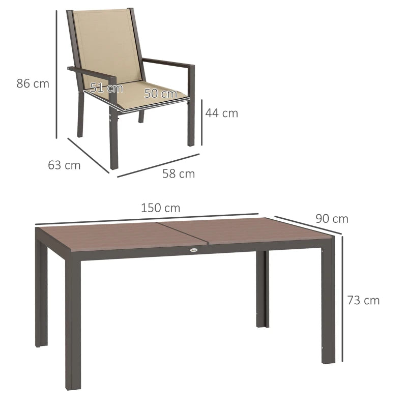 Outsunny 7-Piece Garden Dining Set - Wood-Plastic Composite Dining Table, 6 Stackable Armchairs with Breathable Mesh Fabric Seats and Backrest - Outdoor Patio Furniture in Khaki - ALL4U RETAILER LTD