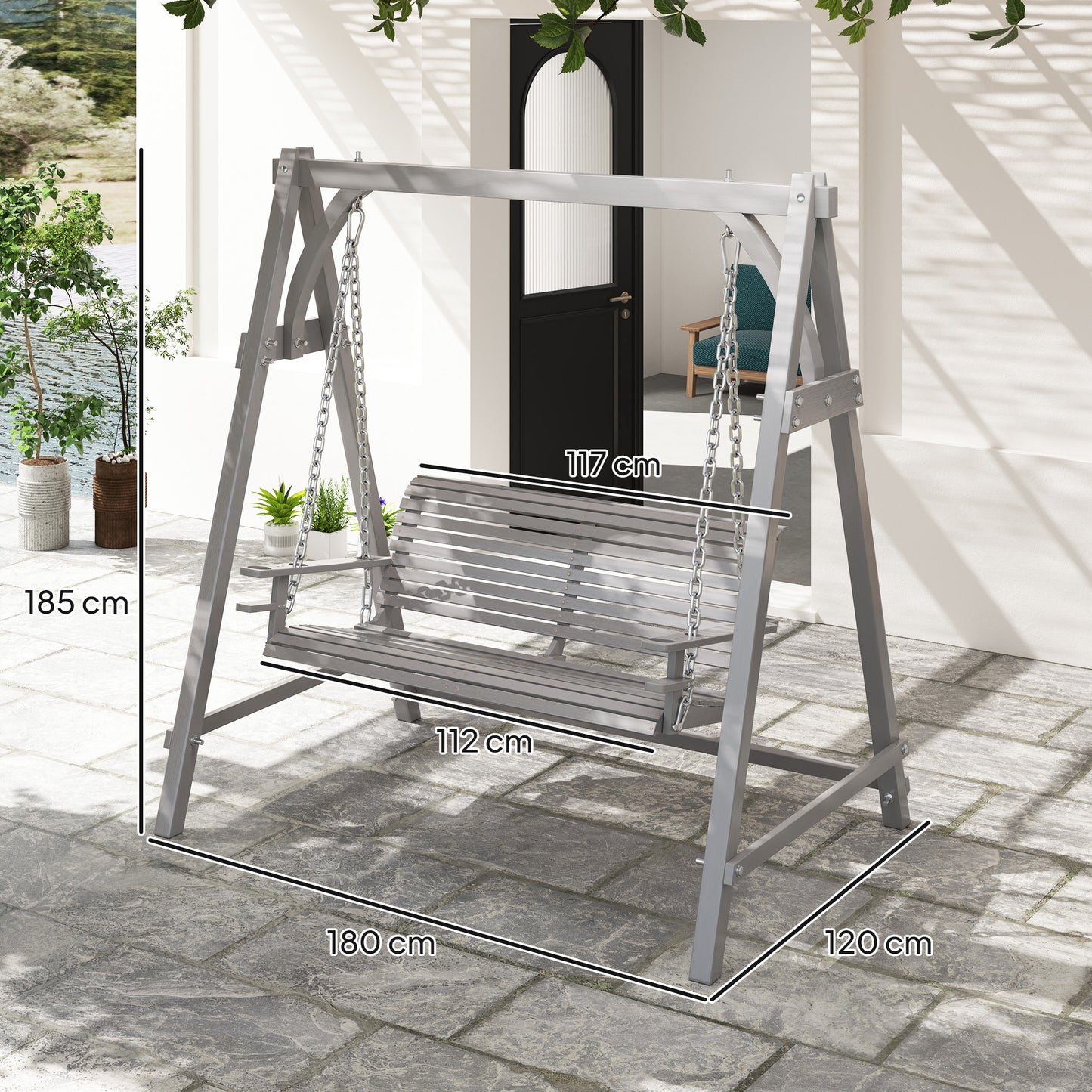 Outsunny 2 Seater Garden Swing Chair Bench In Grey With Cup Holders Solid Larch Wood Construction For Outdoor Patio