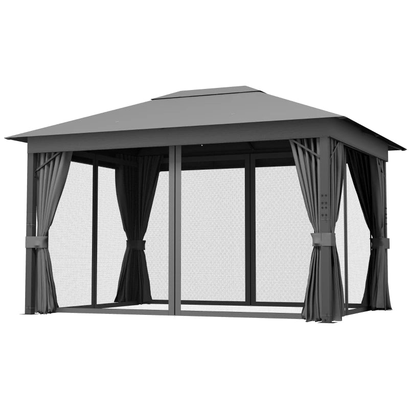 Outsunny 4x3m Patio Gazebo Canopy with Vented Roof, Netting, Curtains, Aluminum Frame - Grey - ALL4U RETAILER LTD