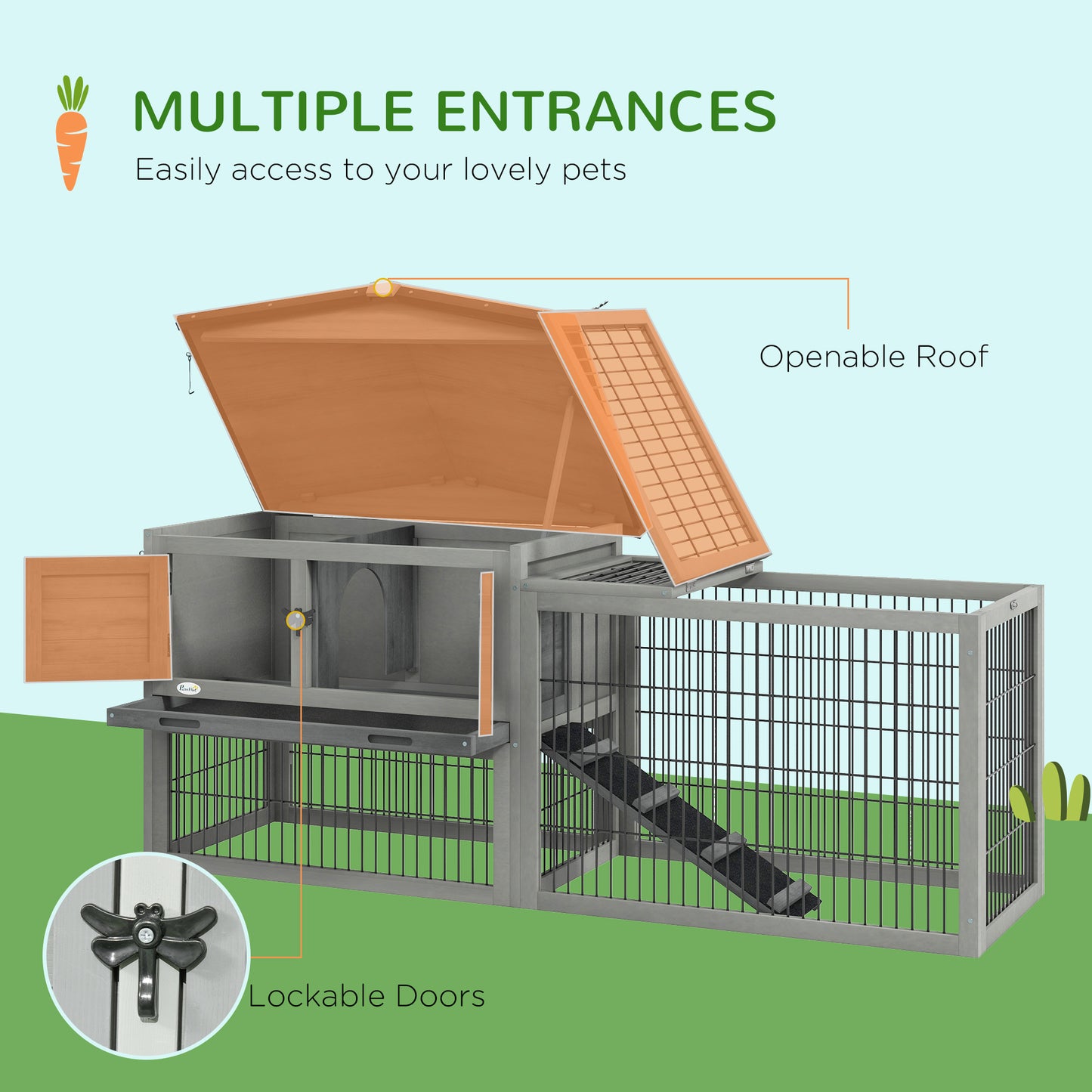 PawHut Elegant Grey Wooden Rabbit Hutch with Outdoor Run for Small Pets - ALL4U RETAILER LTD