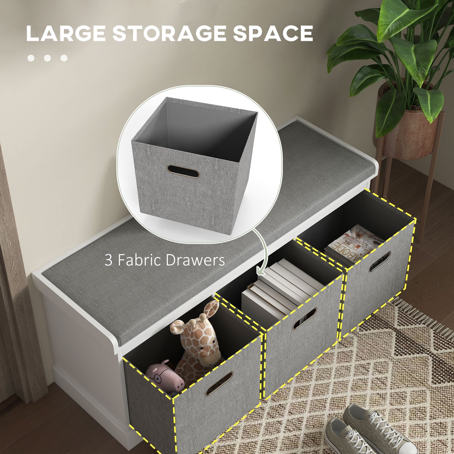 HOMCOM White Shoe Storage Bench with Padded Seat and 3 Drawers for Entryway and Living Spaces - ALL4U RETAILER LTD