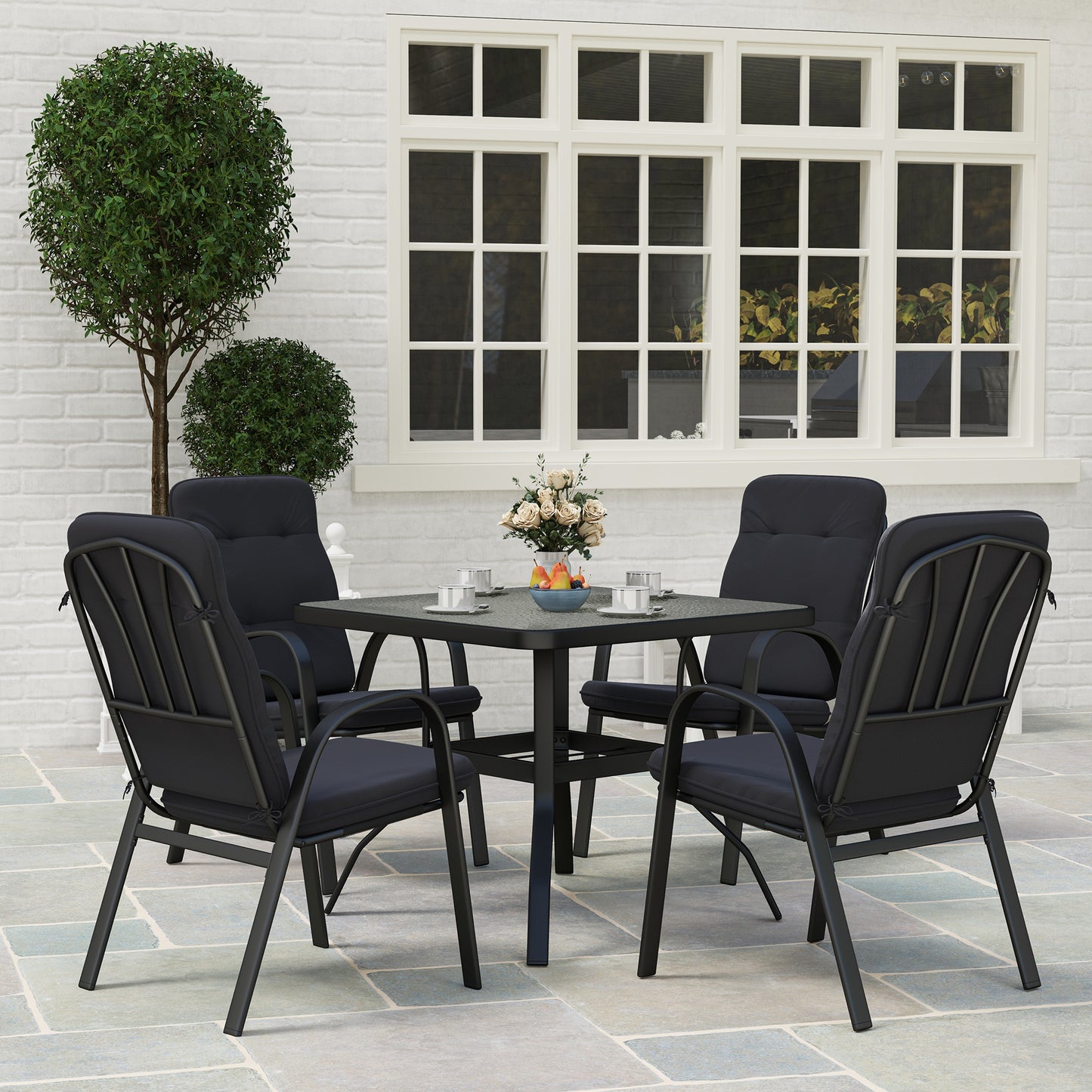 Outsunny Five Piece Garden Dining Set With Tempered Glass Table And Four Cushioned Armchairs Umbrella Hole Black