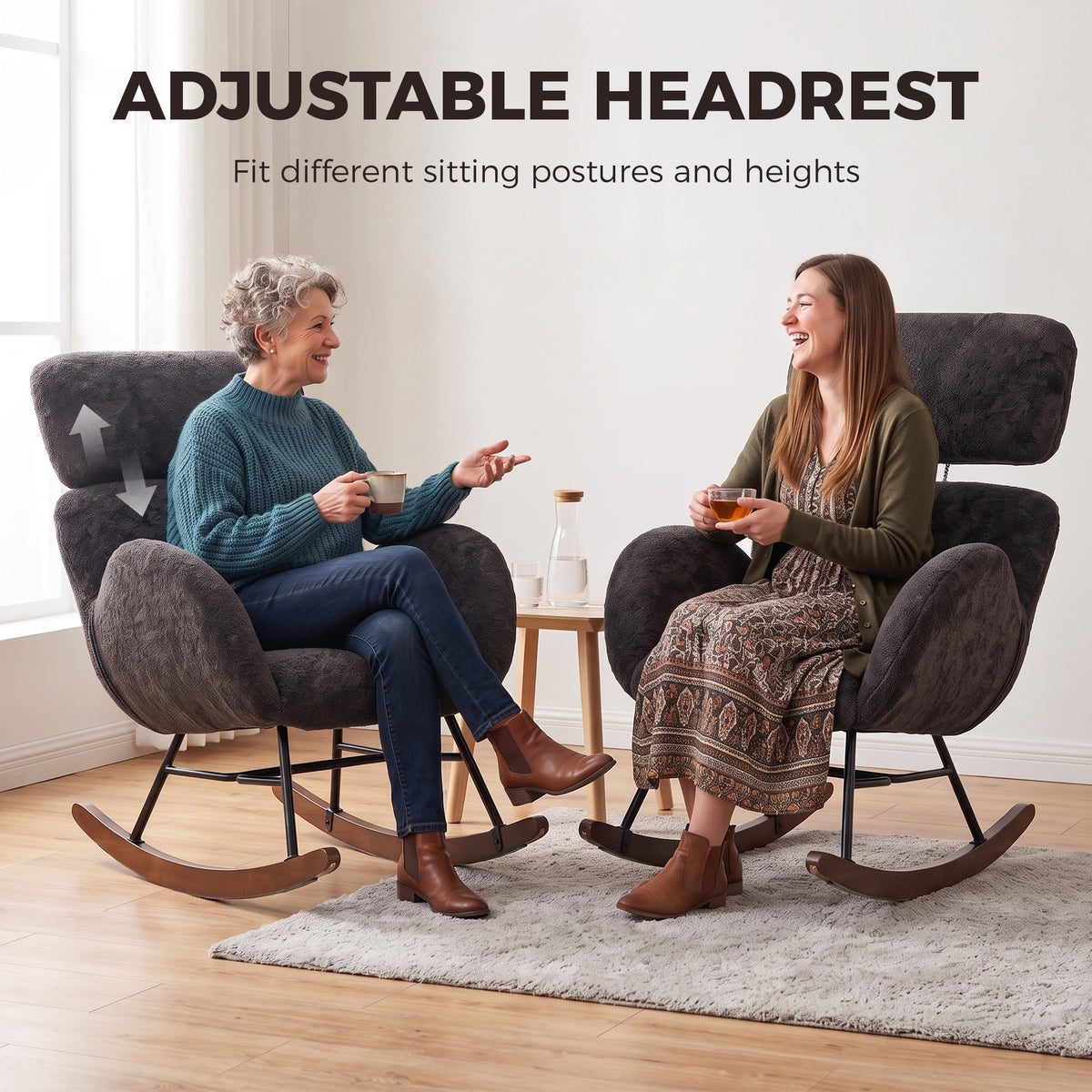 HOMCOM Dark Grey Velvet Rocking Chair With Adjustable Headrest Rubberwood Base