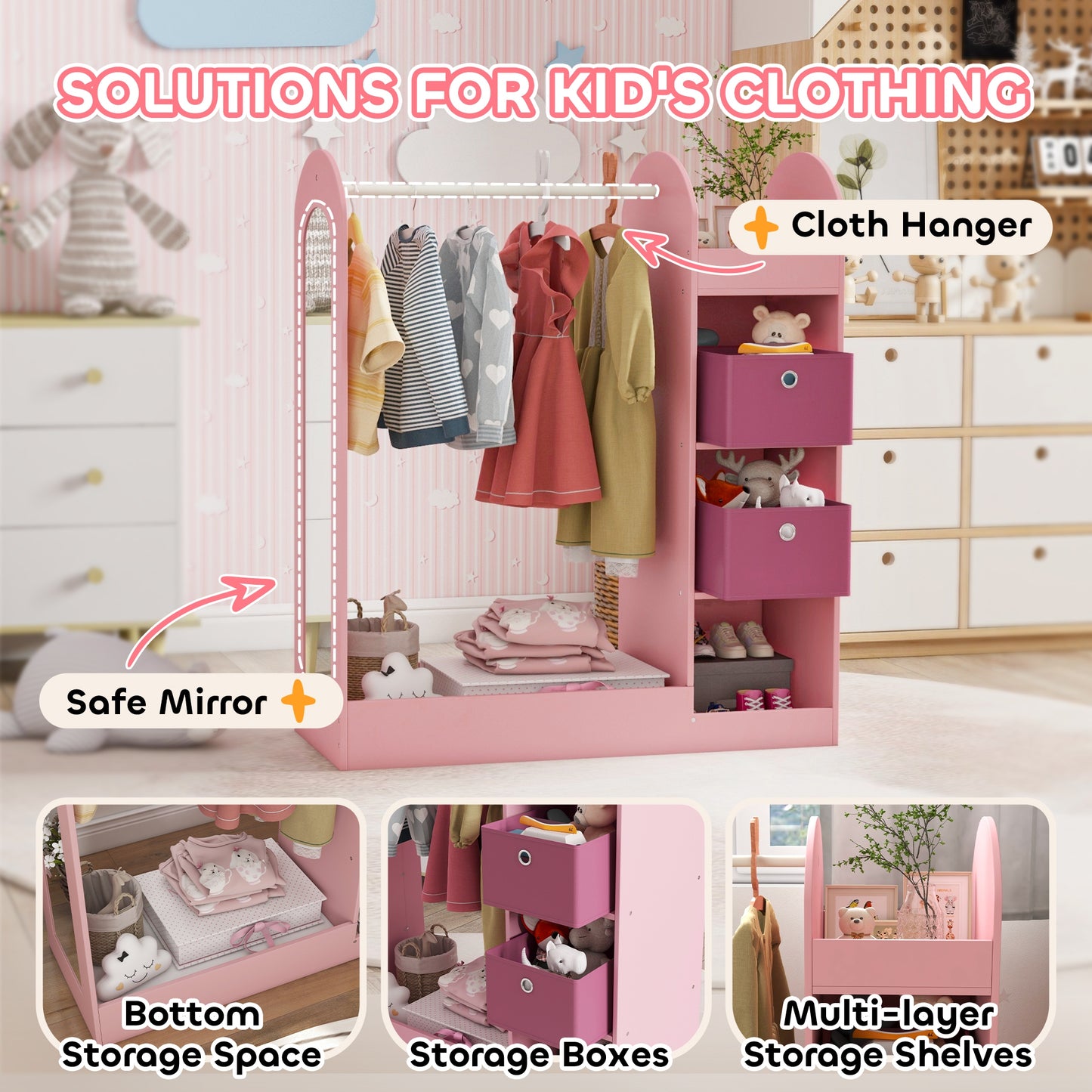 AIYAPLAY Kids Clothes Rail With Storage Shelf Boxes And Mirror For Bedroom And Nursery Pink