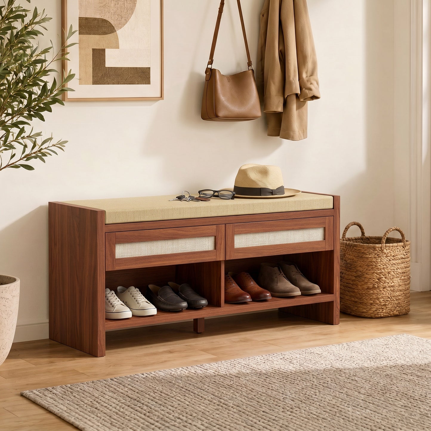 HOMCOM Boho Shoe Storage Bench With Cushioned Seat Open Shelf And Two Rattan Drawers Brown