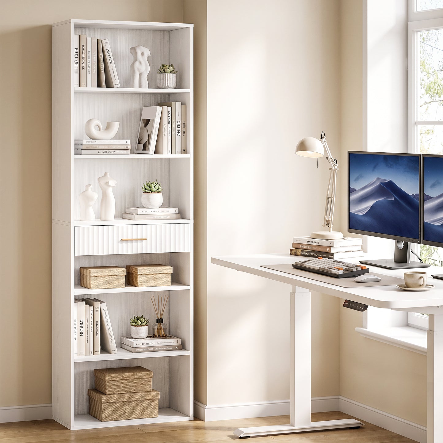 Homcom Tall Narrow Bookshelf With Drawer 7 Tier White Storage Rack