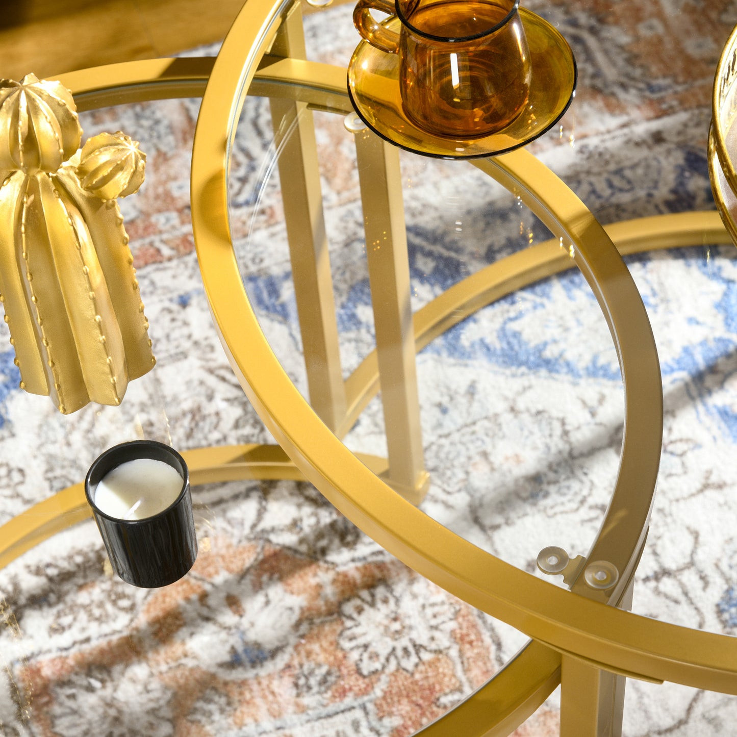 HOMCOM Nest of Tables Coffee Table Set of 2 With Tempered Glass Tops and Gold Tone Steel Frame for Living Room