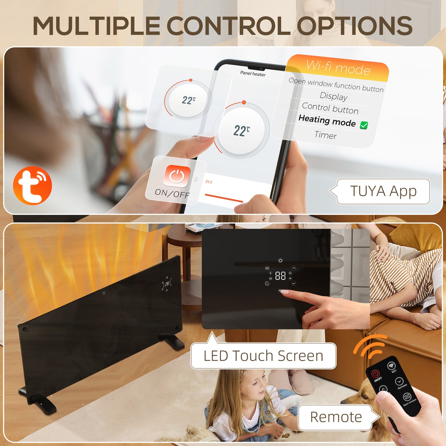 HOMCOM 2000W Smart Control Heater With Tuya App 5 To 35 Degrees Celsius Black Wall Mountable