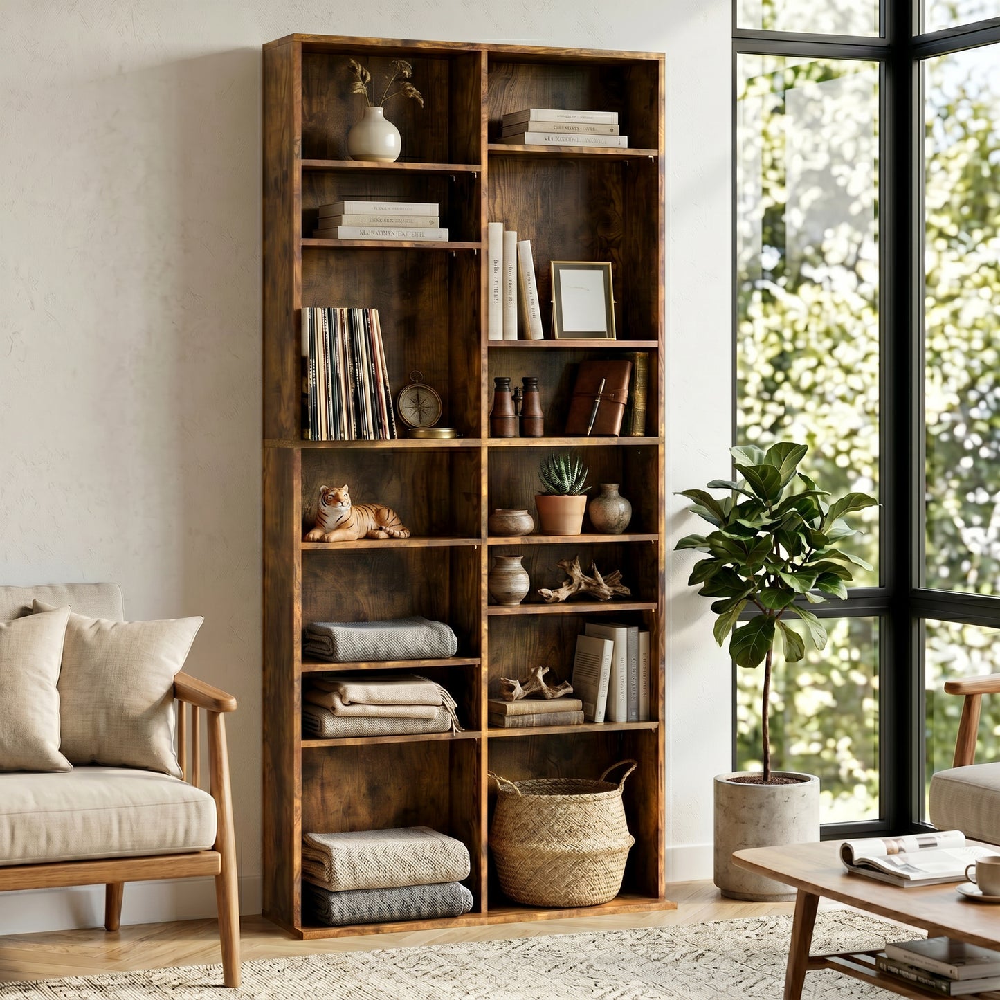 HOMCOM 640 CD Storage Tower Rustic Brown with 14 Adjustable Shelves and Anti Tipping