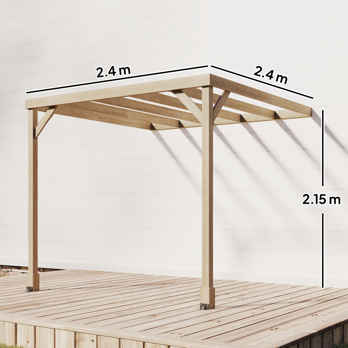 Outsunny Lean To Wooden Pergola Kit 2.4 By 2.4m Garden Gazebo With Stable Structure And Concrete Anchors Light Brown