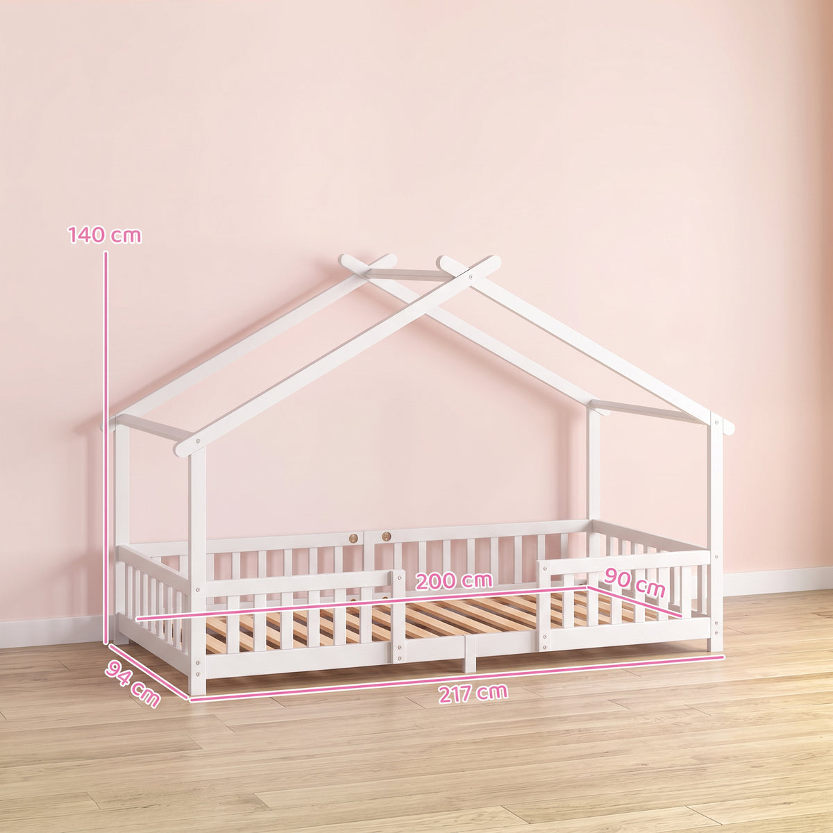 AIYAPLAY Solid Pine Wooden House Bed Frame for Kids with Dual Guardrails White