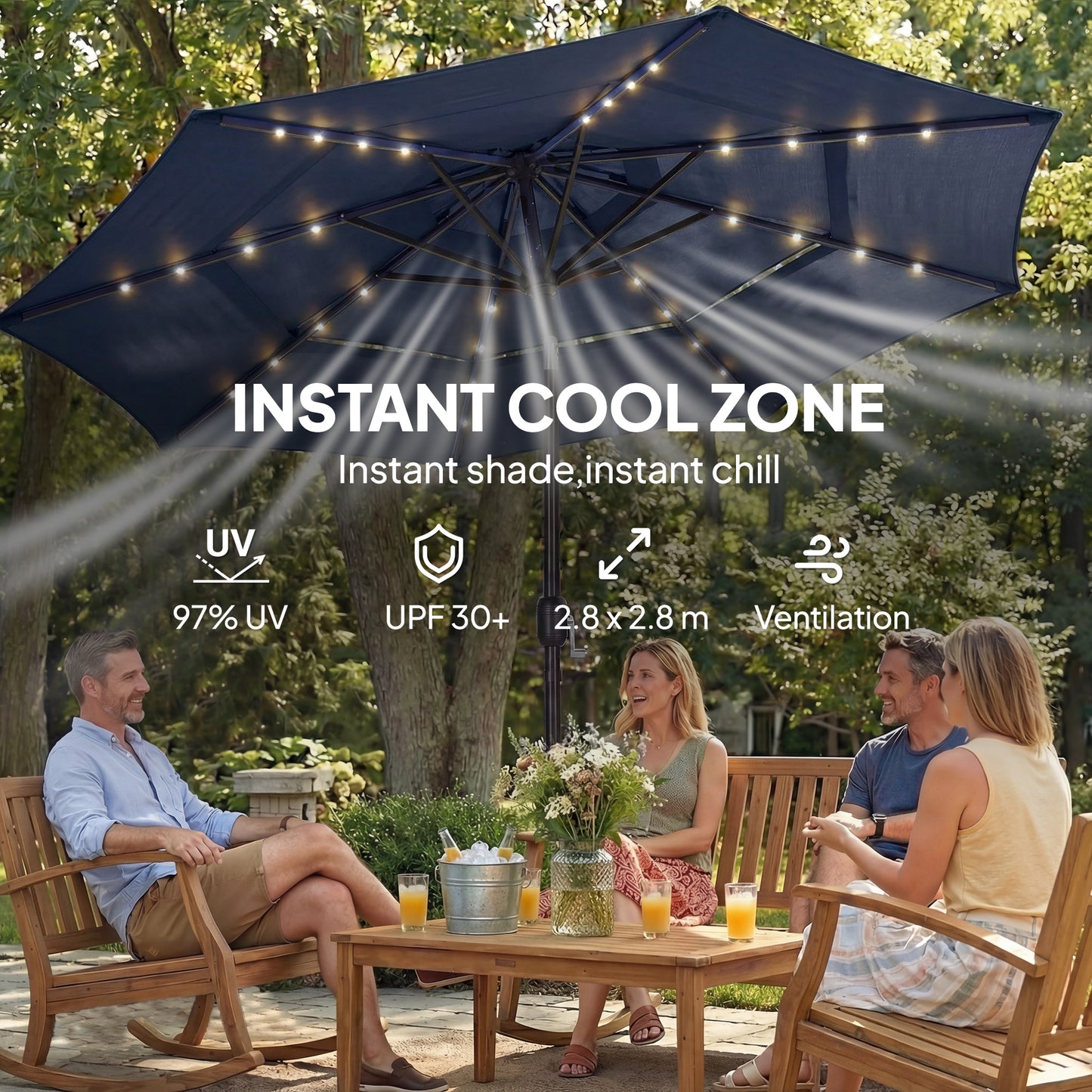 Outsunny 2 8 M Garden Parasol Umbrella With LED Solar Light Parasol Cover Navy Blue 3 Tier Outdoor Table Market Patio
