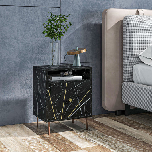 HOMCOM Elegant Black Marble Nightstand with Gold Metal Legs and Storage Options - ALL4U RETAILER LTD