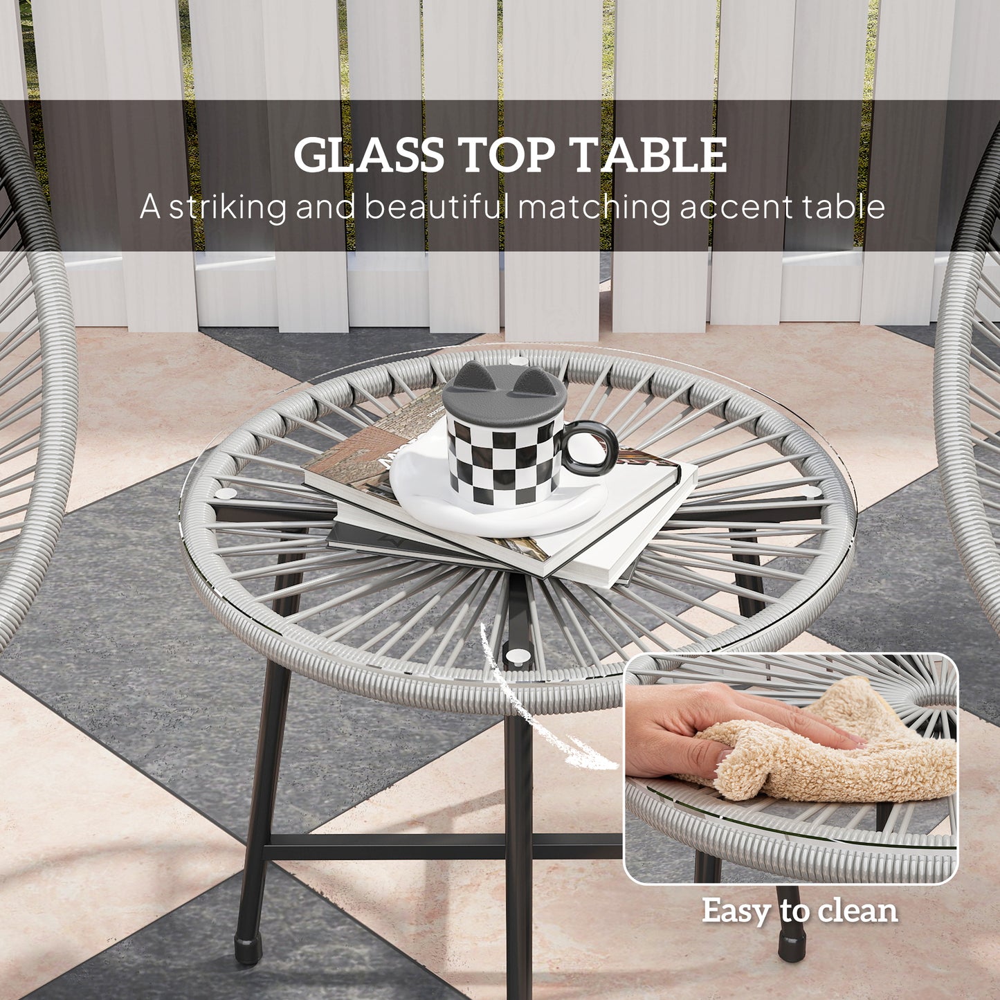 Outsunny 3 Piece Rattan Bistro Set With Acapulco Chairs Glass Top Table Reinforced Metal Frame For Outdoor Patio Grey