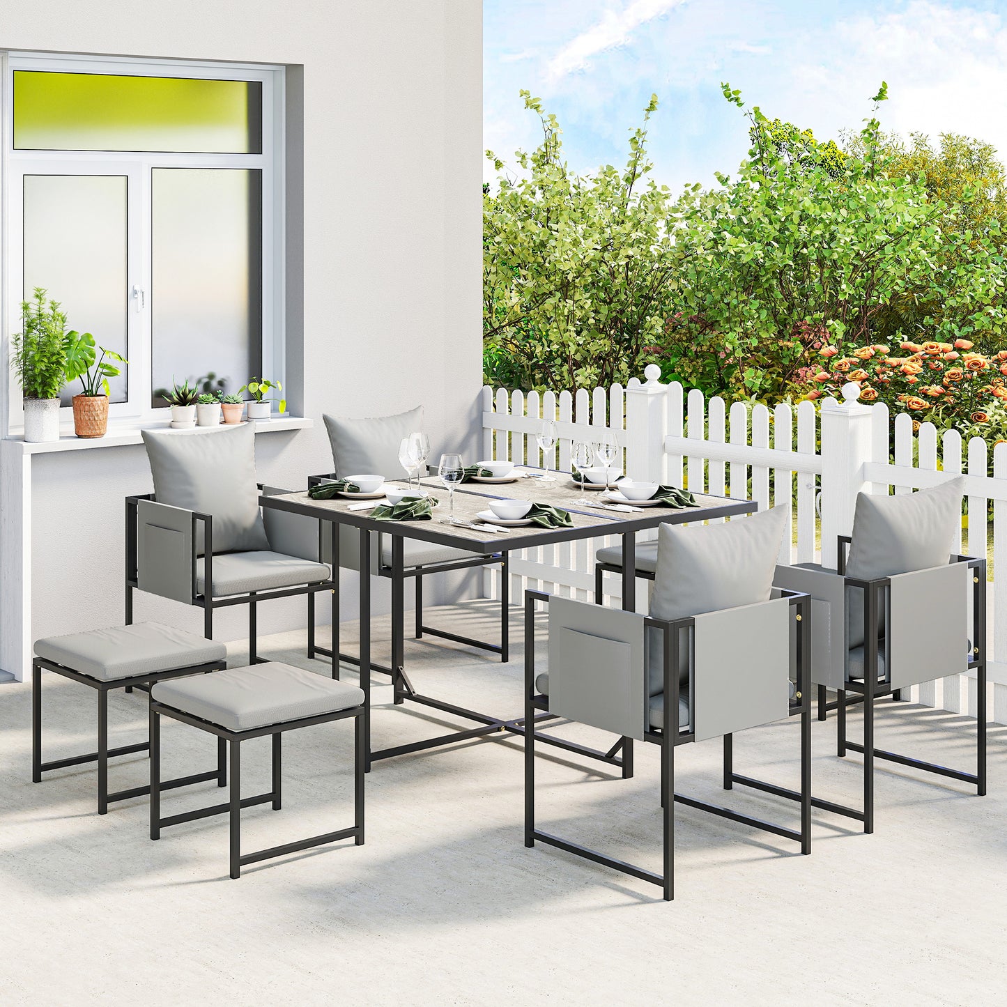 Outsunny Nine Piece Steel Frame Garden Dining Set With Cushioned Chairs And Stools Dark Grey For Outdoor Patio