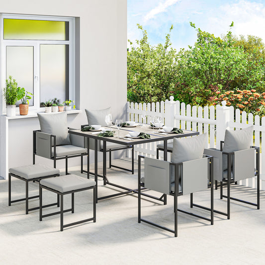 Outsunny Nine Piece Steel Frame Garden Dining Set With Cushioned Chairs And Stools Dark Grey For Outdoor Patio