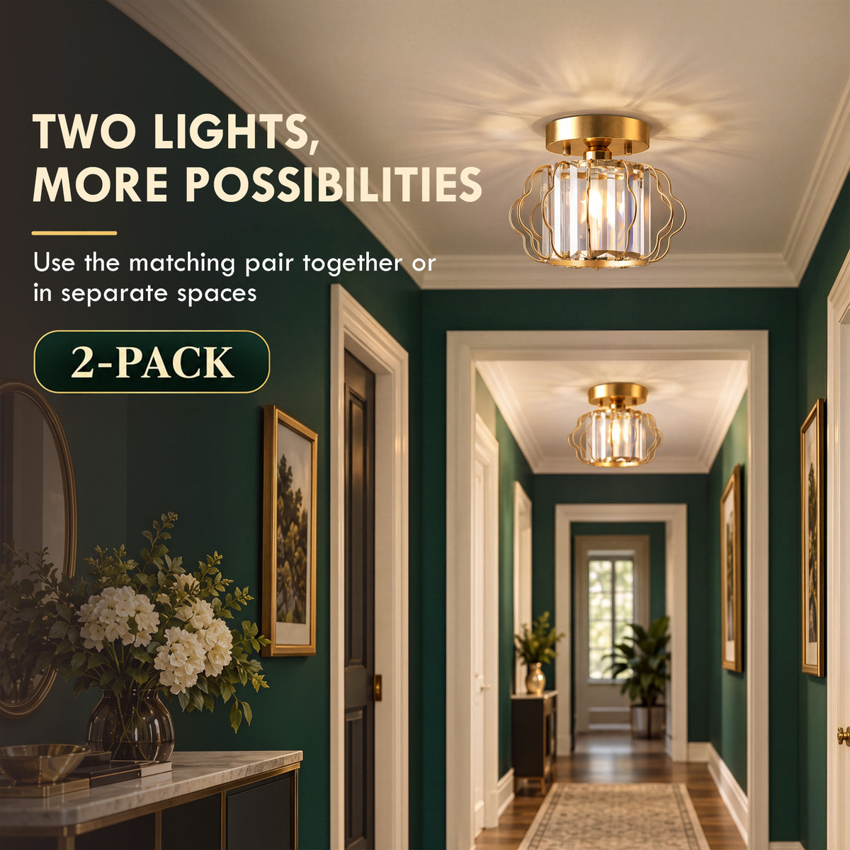 Gold semi-flush ceiling light with clear crystal glass bars and ornate metal cage