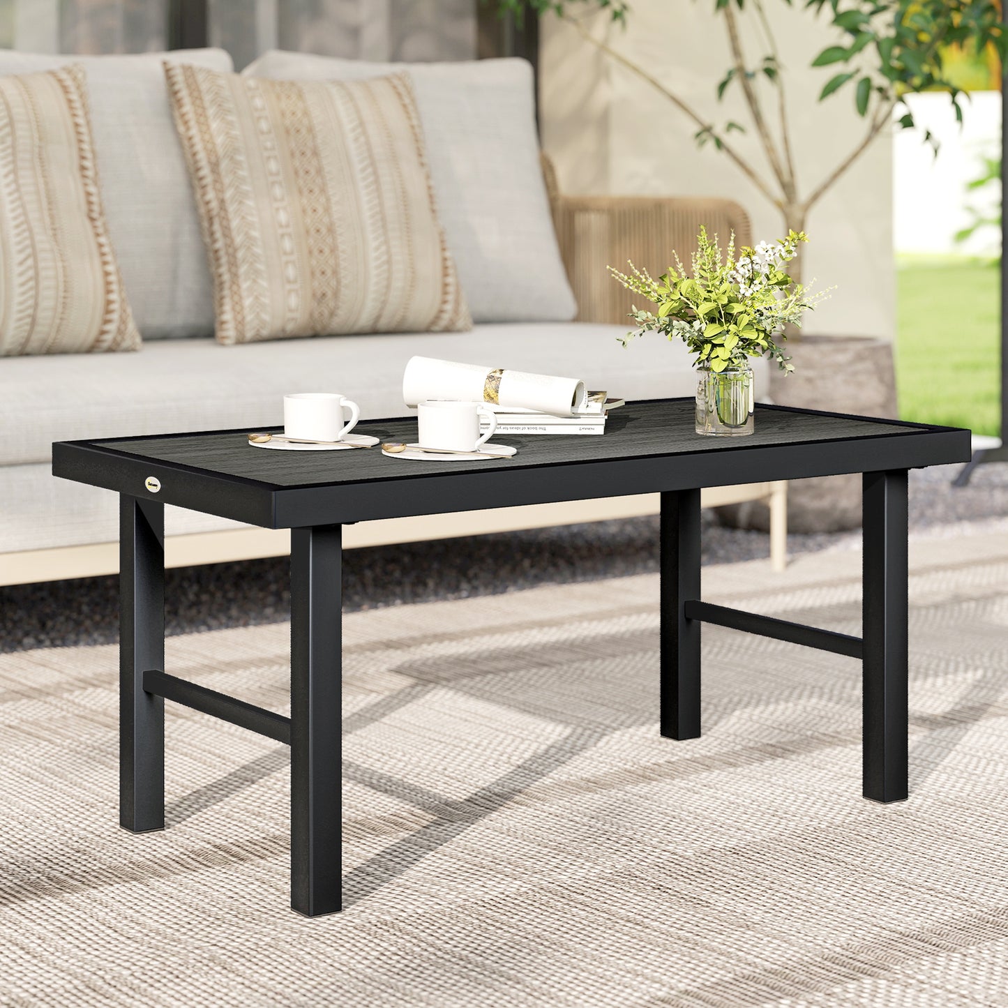 Outsunny Metal Garden Coffee Table With SPC Woodgrain Tabletop 100 x 52 x 46 cm Outdoor Side Table Dark Grey