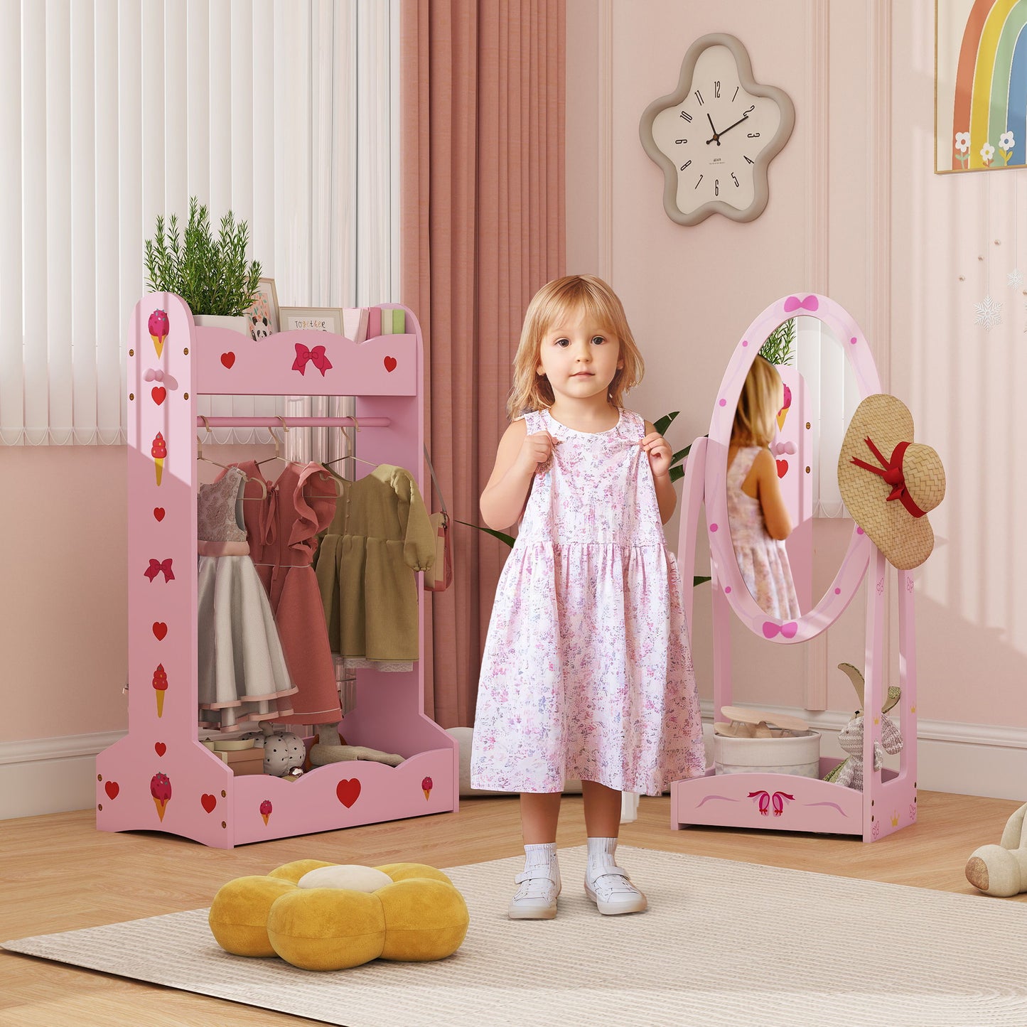 Women's Aiyaplay Kids Clothes Rail, Kids Dressing Mirror With 360° Rotating, 2 Piece Kids Furniture Set With Storage Shelves,