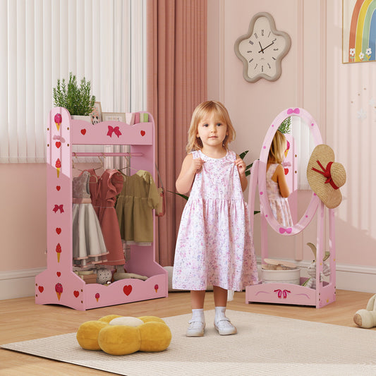 Women's Aiyaplay Kids Clothes Rail, Kids Dressing Mirror With 360° Rotating, 2 Piece Kids Furniture Set With Storage Shelves,