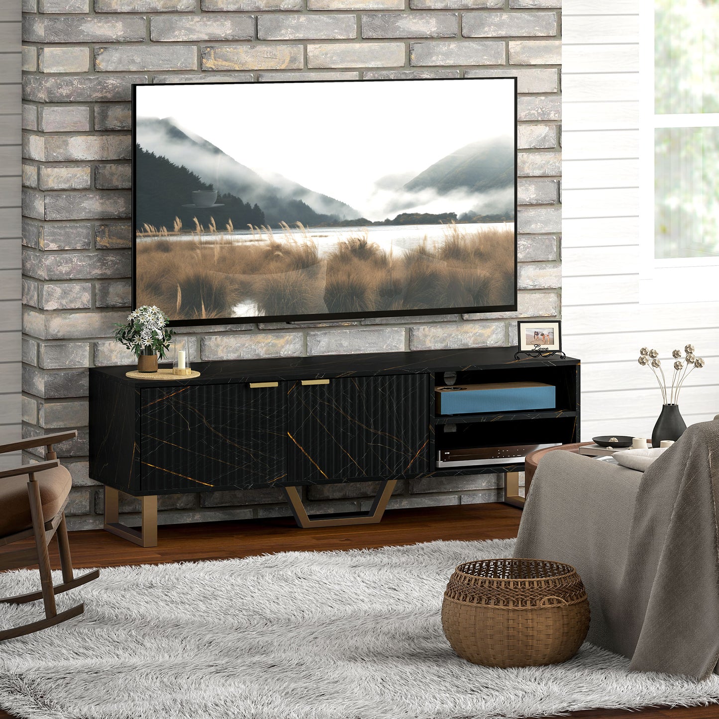 HOMCOM Marble Effect TV Unit For Up To 70 Inch TVs Black With Fluted Doors Shelves Storage Cupboard And Cable Management