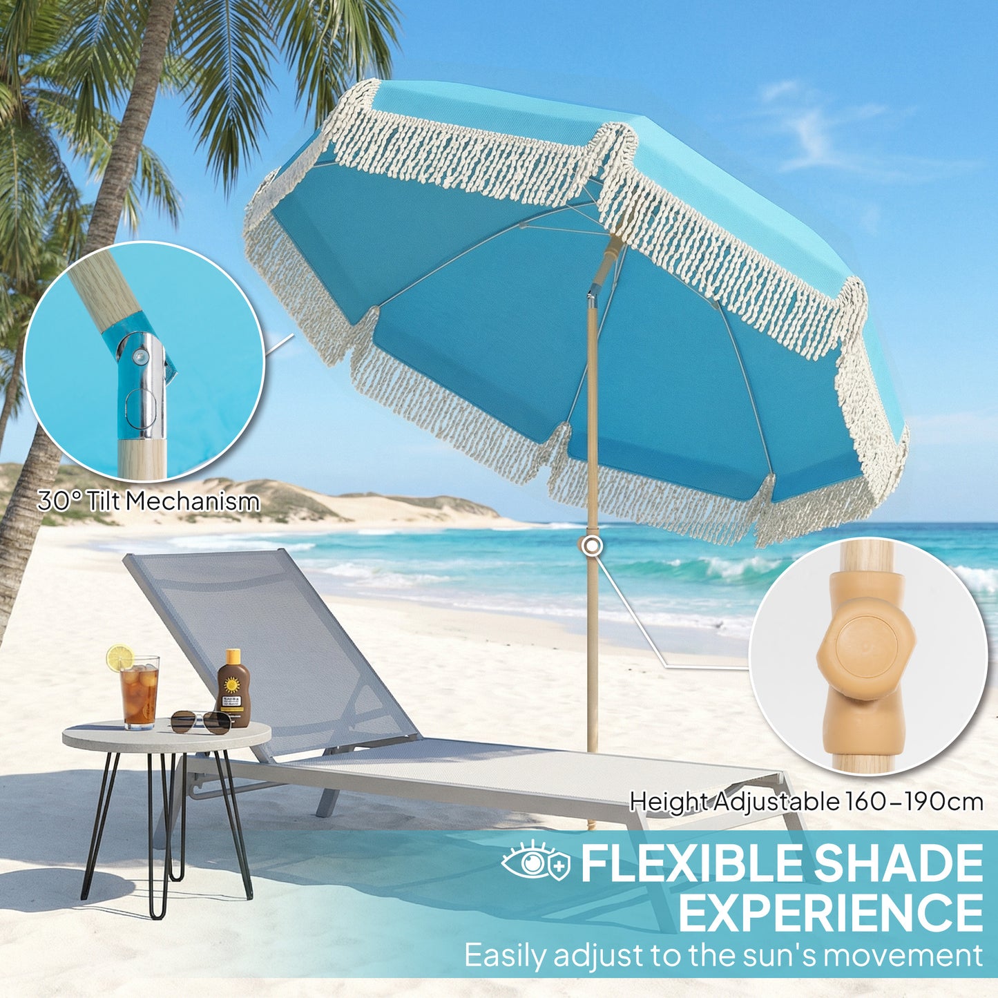 Outsunny 1.7M Beach Umbrella With Sand Anchor 30 Degree Tilting Fringed Beach Garden Parasol Adjustable Height Grey