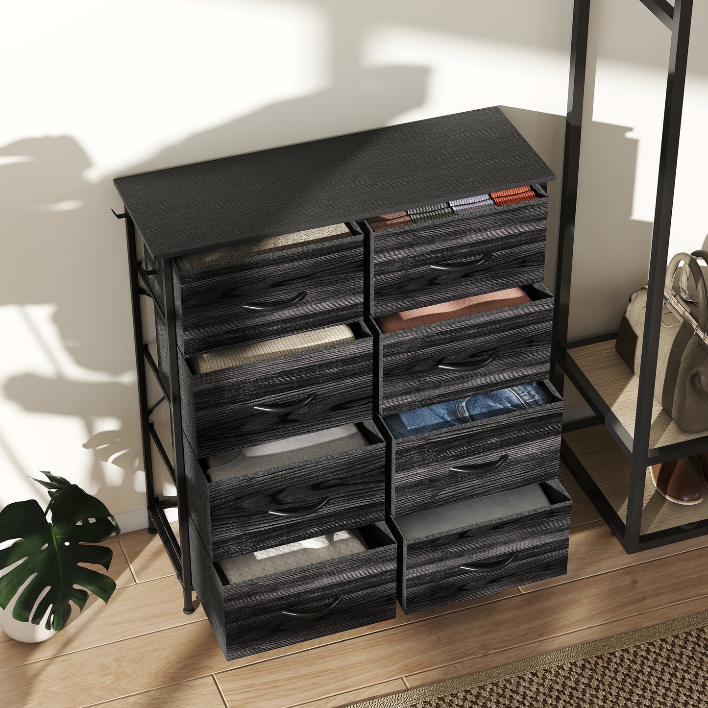 HOMCOM Eight Drawer Fabric Chest Of Drawers In Black With Steel Frame And Side Pockets