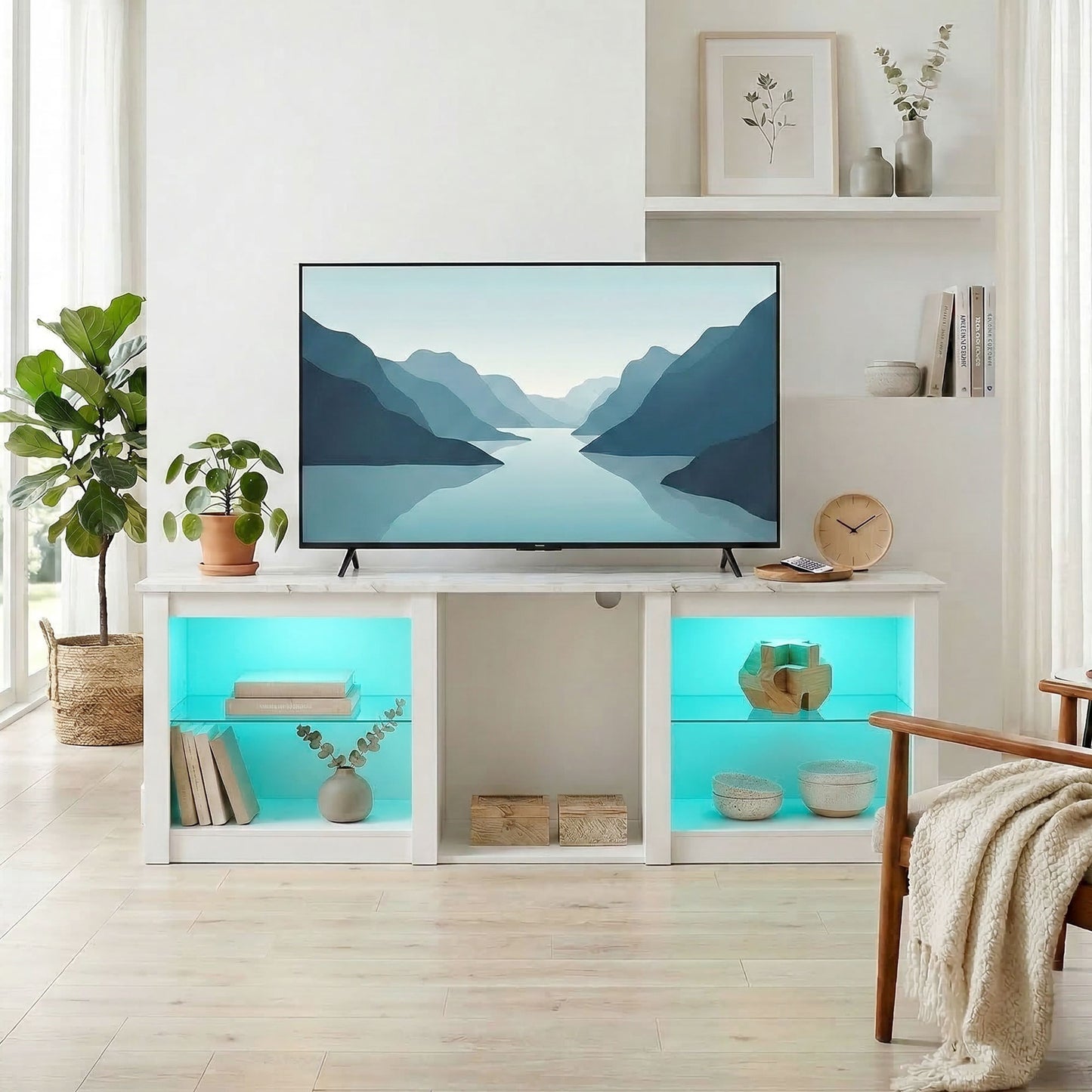 HOMCOM 70 Inch TV Stand With USB Powered RGB LED Lights And Ample White Storage With Five Compartments