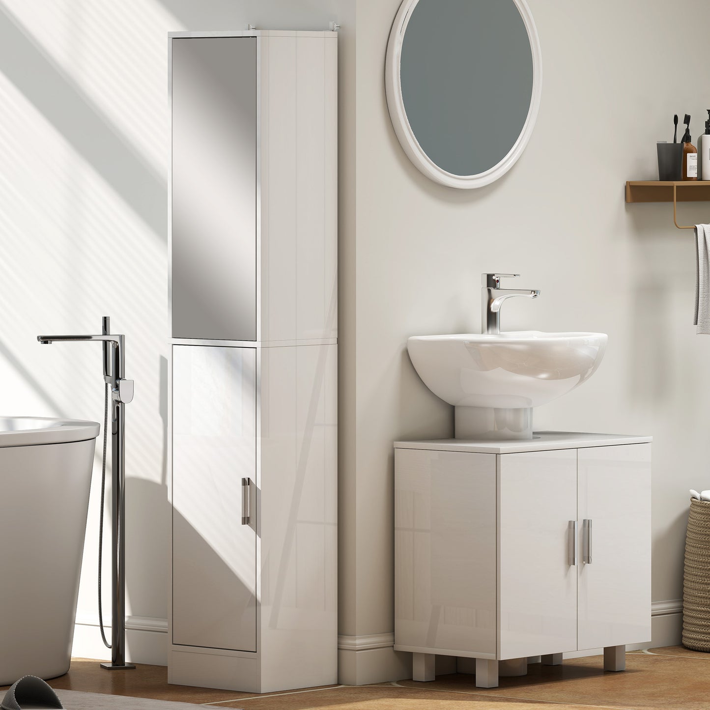 Kleankin Tall Bathroom Cabinet With Mirror And Adjustable Shelf In High Gloss White