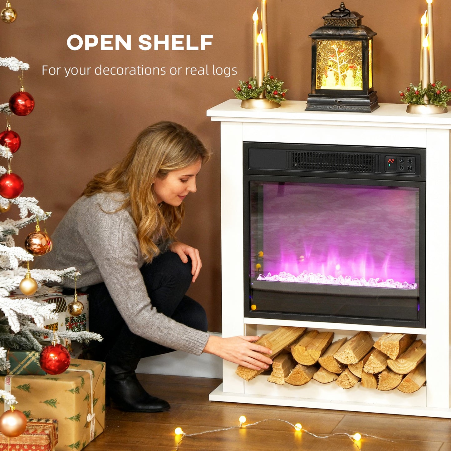 HOMCOM 1800W Adjustable Faux Flame Electric Fireplace White With Realistic Flames And Nine Color Settings 6142 BTU