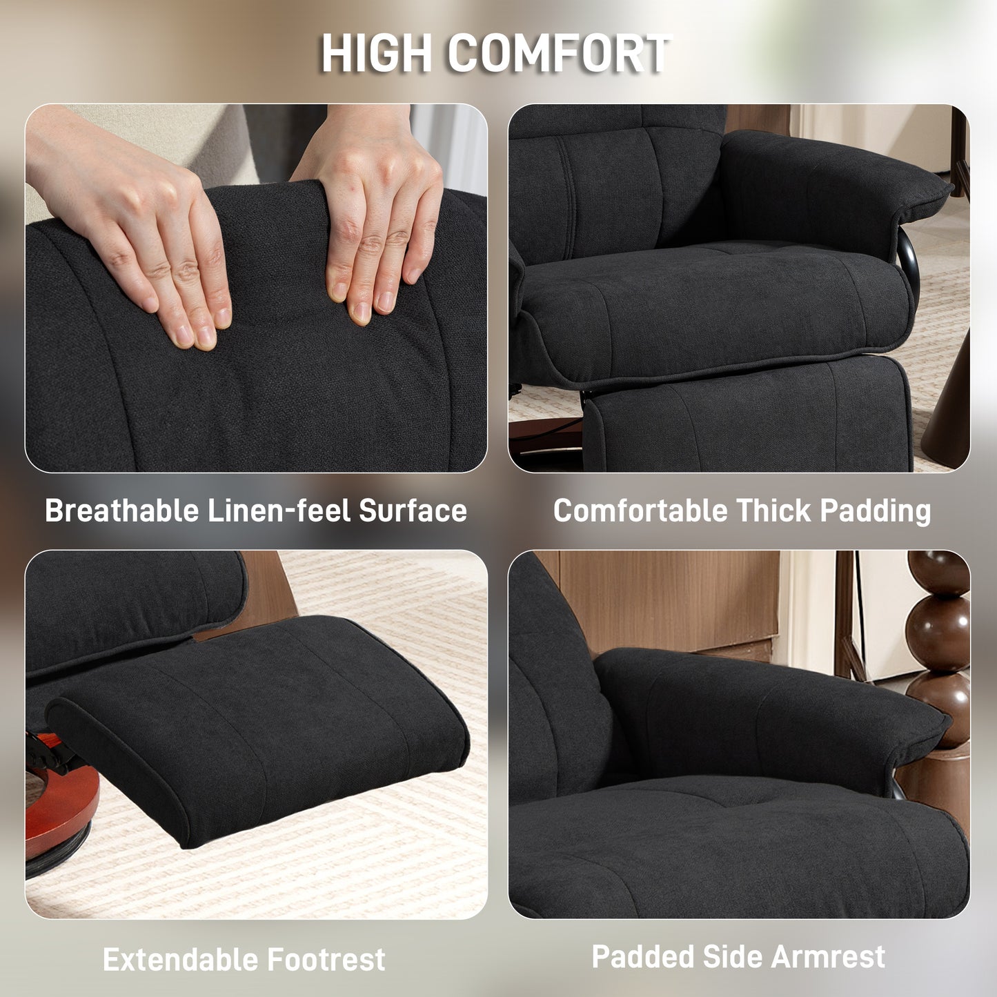 HOMCOM Reclining Swivel Chair With Manual Footrest Black Padded Armchair For Living Room