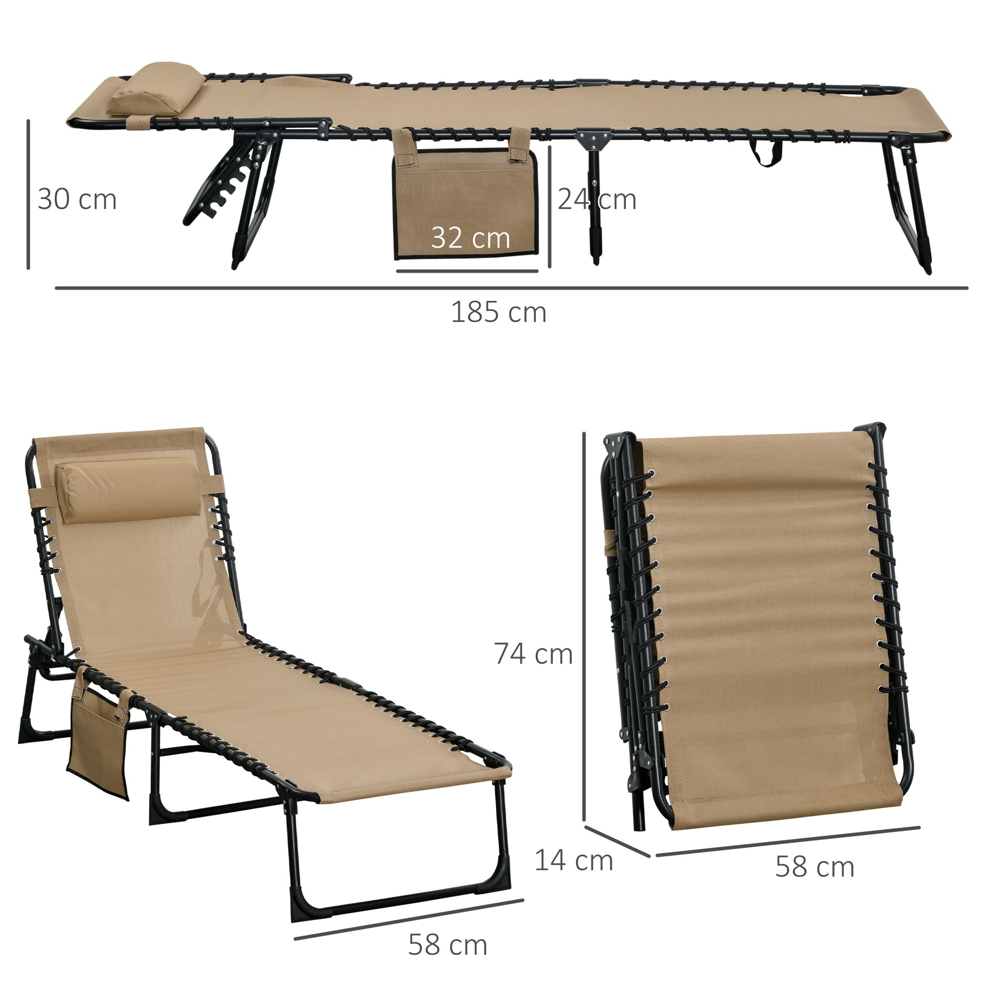 Outsunny Adjustable Folding Sun Lounger Set of 2 with Side Pocket - Portable Reclining Camping Cots - ALL4U RETAILER LTD