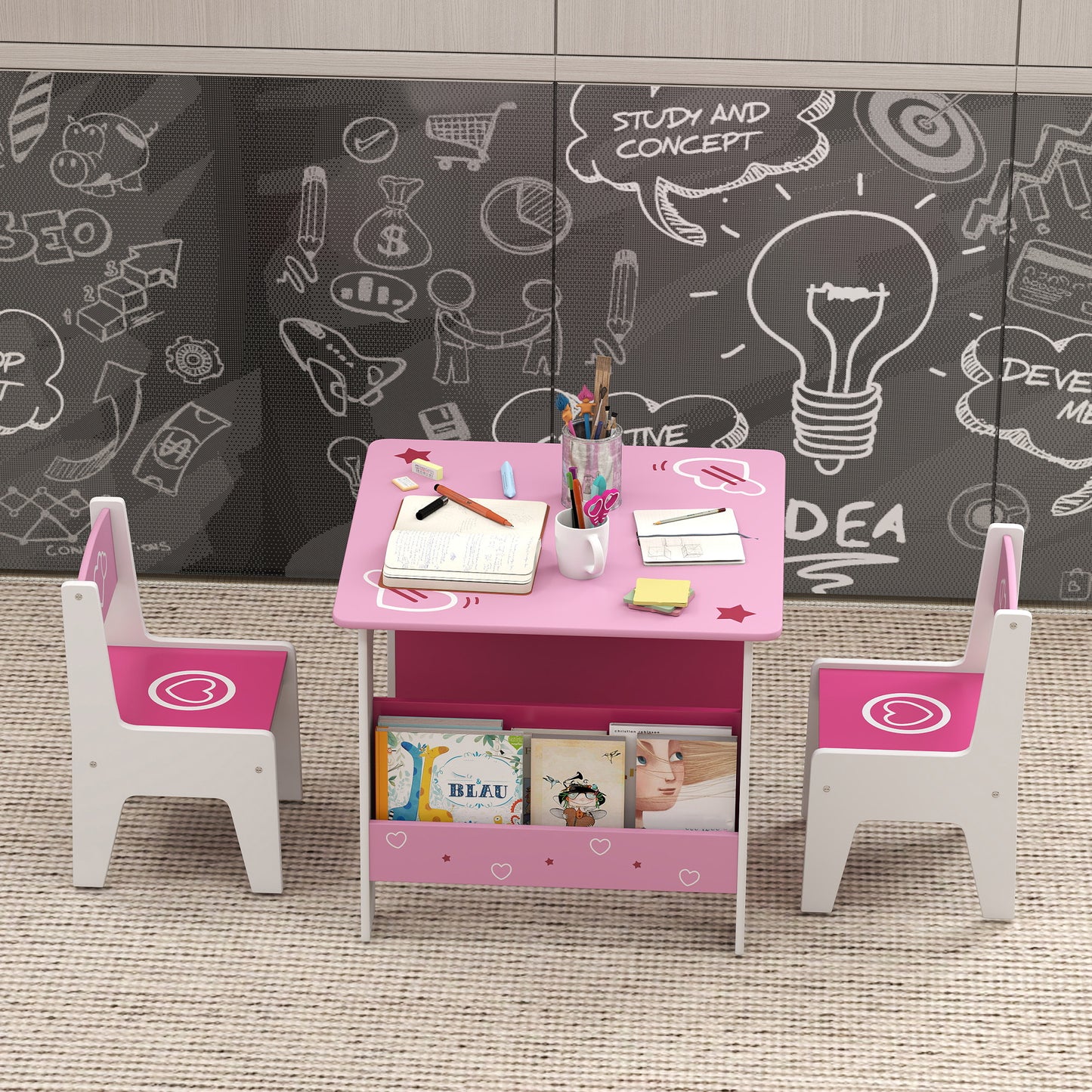 AIYAPLAY 3 Pieces Kids Table And Chair Set Pink With Built In Book Racks Toddler Activity Table For Living Room
