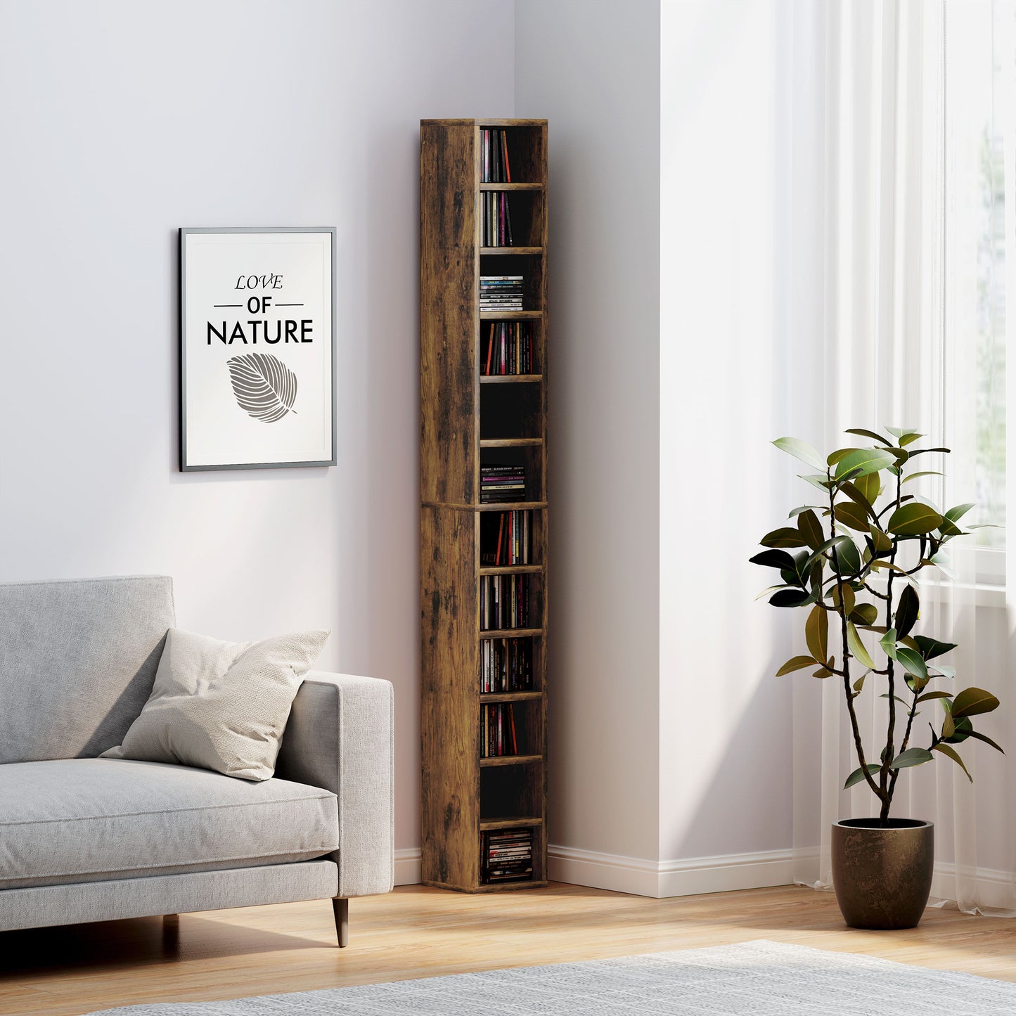 HOMCOM 12 Tier CD Storage Tower Tall Narrow Rustic Brown Media Organizer Anti tipping Design Holds 204 CDs