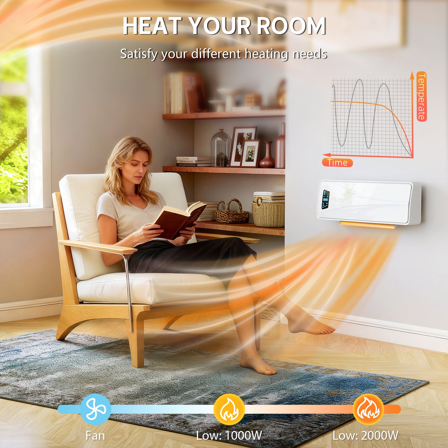 HOMCOM 2000W Ceramic Electric Heater With Fan Adjustable Thermostat Wall Mounted White