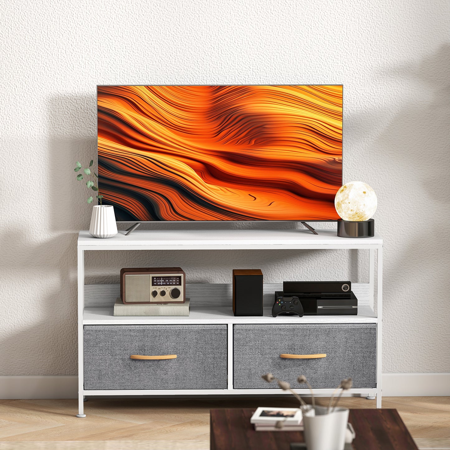 HOMCOM TV Stand Cabinet With 2 Foldable Drawers White Two Tone Finish Fits Up To 47 Inch TV