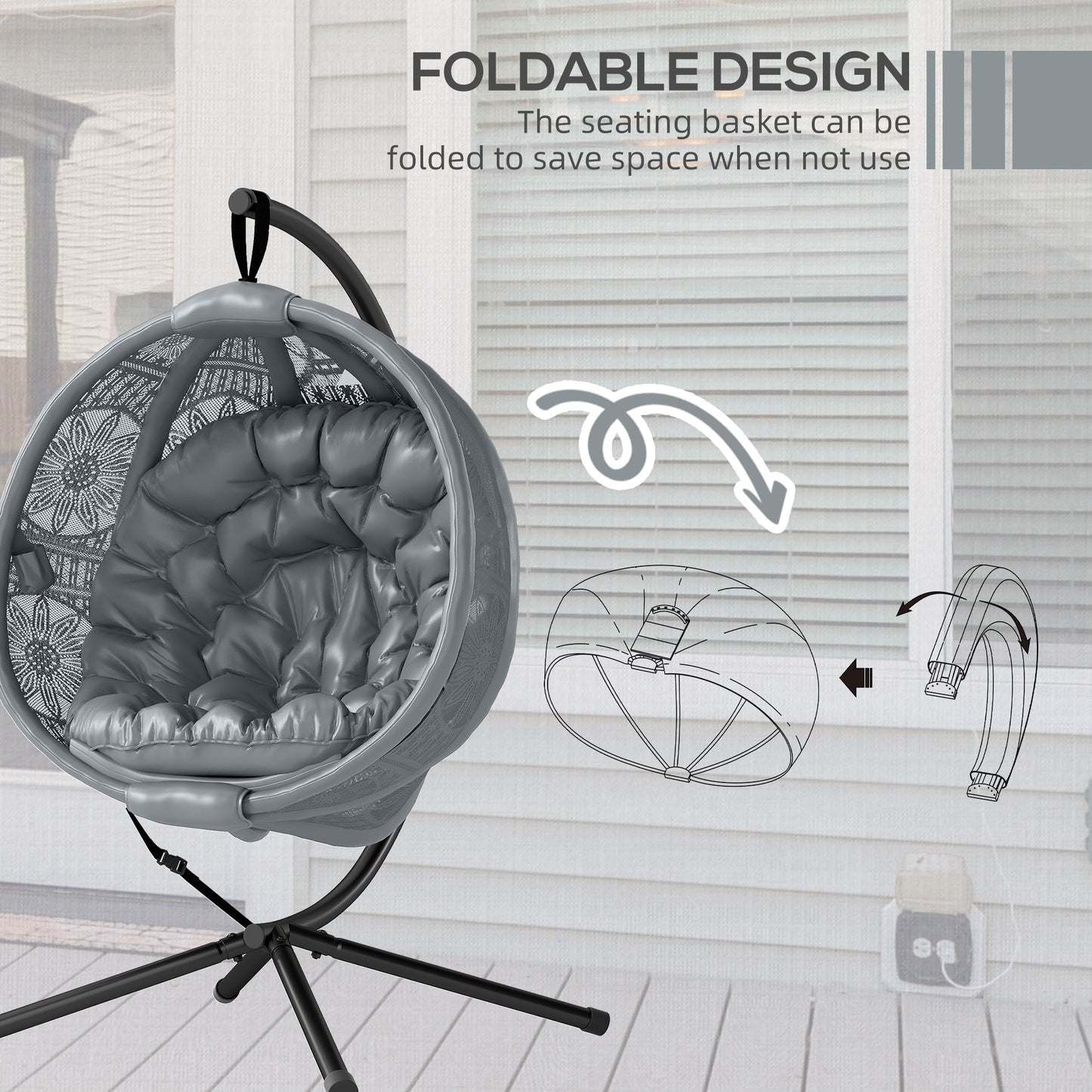 Outsunny Round Egg Basket Chair With Steel Stand Charcoal Grey Outdoor Patio Lounge Swing Cushioned Comfort