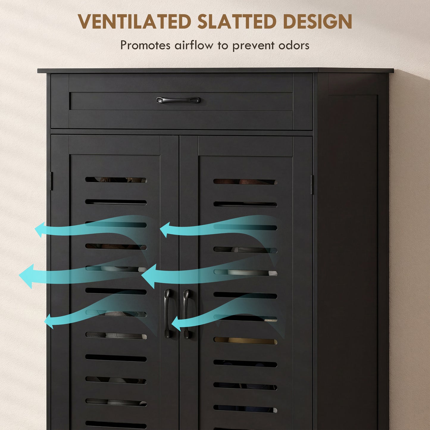 HOMCOM Shoe Cabinet With Louvered Doors, Modern Shoe Storage Cabinet With Drawer And Adjustable Shelves, Black